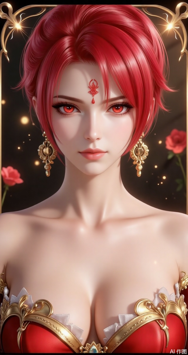 lvjing,baoshi,huowu,red hair,short hair,fair_skin,red eyes,forehead_mark,spark mark,1girl,solo,earrings,jewelry,looking at viewer,breasts,tarot,collarbone,upper body,dress,closed mouth,card \(medium\),tarot \(medium\),frills,border,cover,gradient background,close-up details,outstanding style,adding a touch of dimension to your images without compromising details,close-up