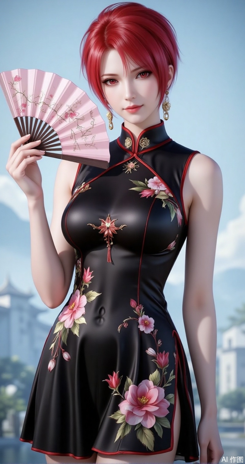 lvjing,baoshi,huowu,red hair,short hair,fair_skin,red eyes,1girl,dress,hand fan,holding,solo,earrings,jewelry,chinese clothes,china dress,black dress,holding fan,floral print,blurry,sleeveless,looking at viewer,sleeveless dress,light blue background,folding fan,standing,head tilt,2,cover,simple background,gradient background,close-up details,outstanding style,adding a touch of dimension to your images without compromising details,close-u