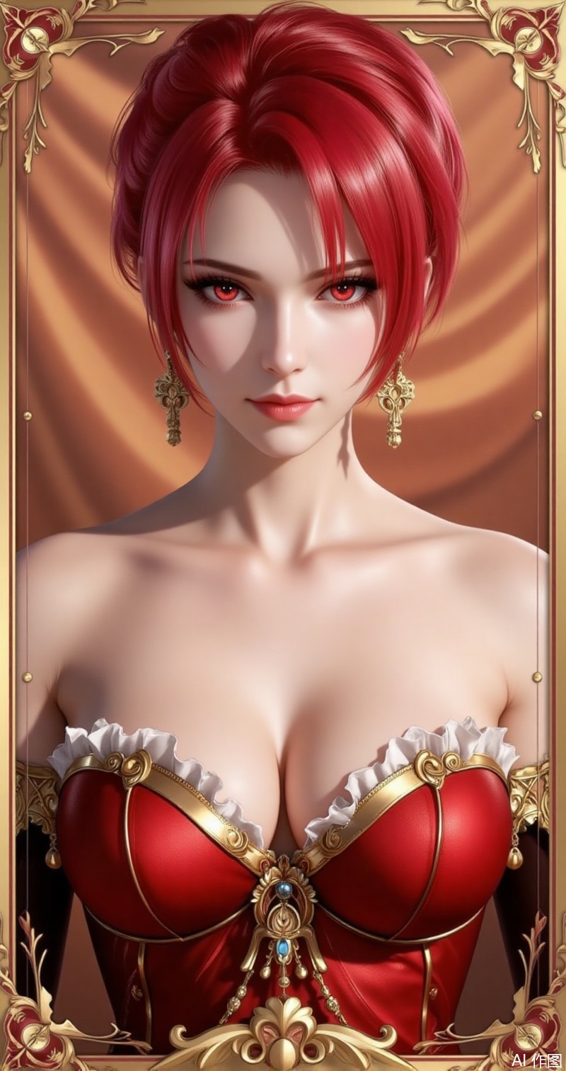 lvjing,baoshi,huowu,red hair,short hair,fair_skin,red eyes,1girl,solo,earrings,jewelry,looking at viewer,breasts,tarot,collarbone,upper body,dress,closed mouth,card \(medium\),tarot \(medium\),frills,border,cover,gradient background,close-up details,outstanding style,adding a touch of dimension to your images without compromising details,close-up