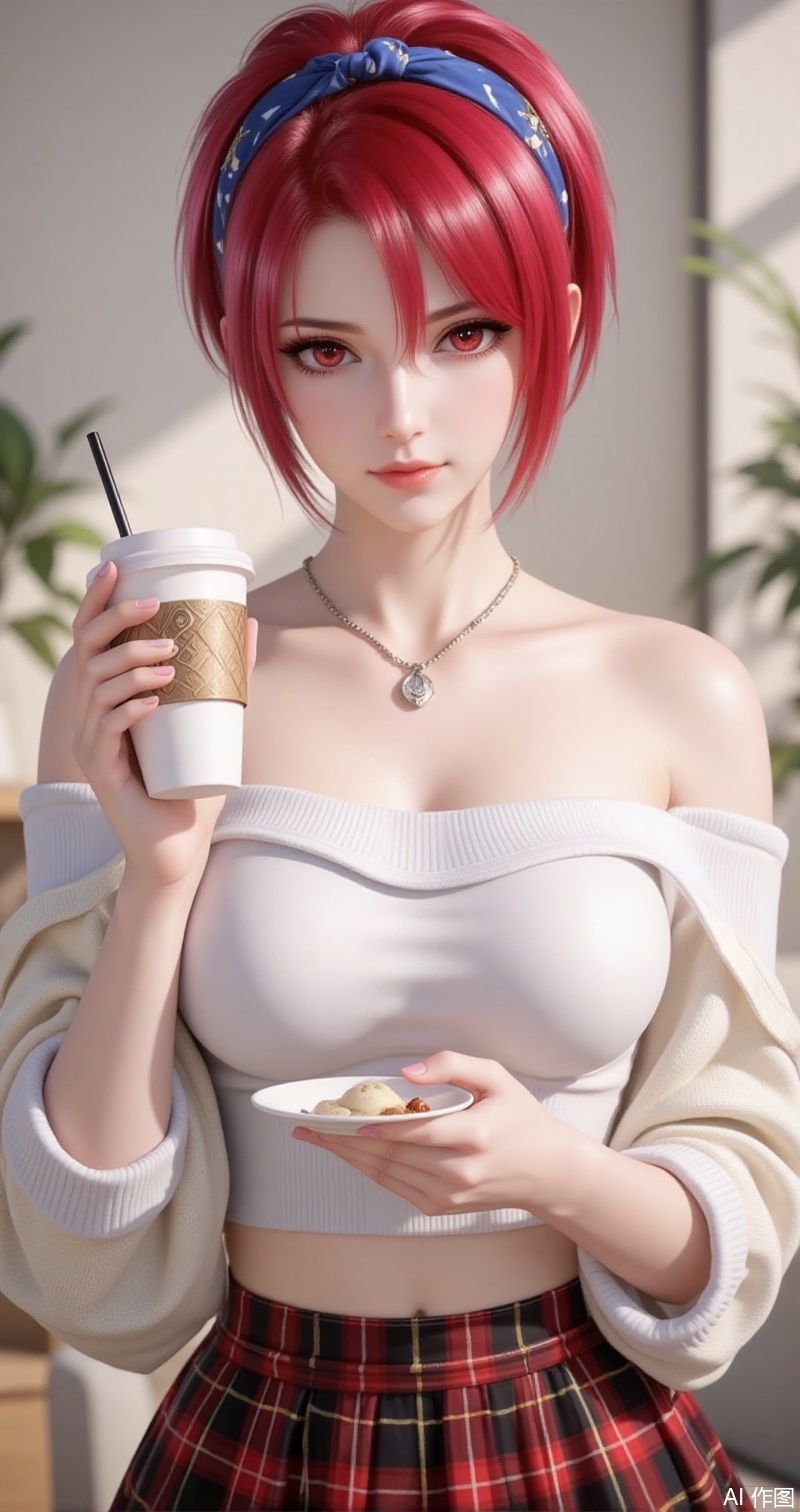 lvjing,baoshi,huowu,red hair,short hair,fair_skin,red eyes,1girl,skirt,plaid skirt,realistic,solo,plaid,cup,blurry background,blurry,looking at viewer,holding,disposable cup,holding cup,hairband,sweater,necklace,crop top,blue hairband,midriff,shirt,jewelry,white sweater,off shoulder,white shirt,4,cover,simple background,gradient background,close-up details,outstanding style,adding a touch of dimension to your images without compromising details,close-up