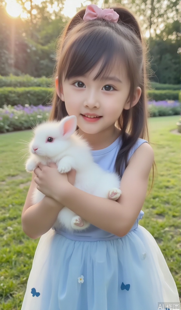 A little girl with a pair of ponytails, wearing a pink bow hairpin, a light blue puffy skirt, and a small white flower dotted on the skirt. She stood on a green grass, full of colorful wild flowers. The little girl had a bright smile on her face, holding a furry white rabbit in her hands, and her eyes were smiling like crescent moons. The sun is shining brightly, evenly sprinkling from the top of the head, illuminating the entire picture. It adopts a central composition, close-up shot, a fresh and cute style, with light blue, pink, white and green as the main colors, highlighting the innocent temperament of the little girl and showing a beautiful picture of living in harmony with the small animals.