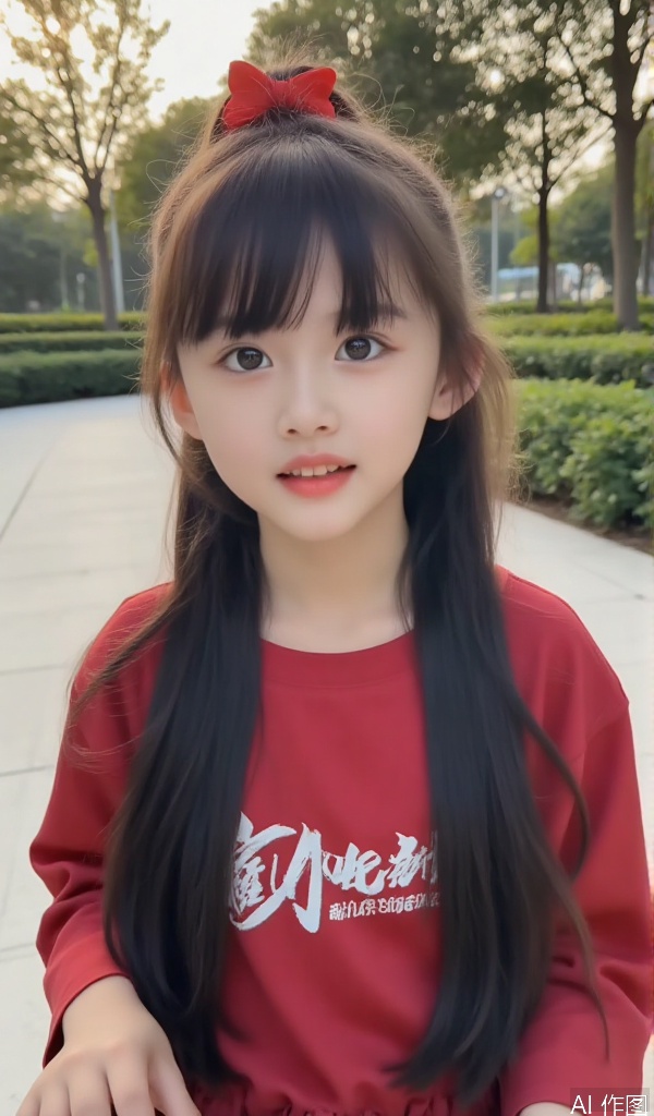 留着及肩长发的小女孩,身着一件红色的中式旗袍,旗袍上绣着金色的如意云纹,领口系着一个精致的盘扣。她站在古色古香的中式庭院里,庭院中有一座小巧的假山和一丛翠绿的竹子。小女孩手里拿着一把绘有梅花图案的折扇,轻轻展开,微微歪着头,脸上带着俏皮的笑容。清晨的阳光透过树叶的缝隙,洒下斑驳的光影。采用前景兴趣点构图,近景shot,中式古典可爱风格,以红、金、绿为主色调,展现传统中式元素与小女孩可爱形象的融合。