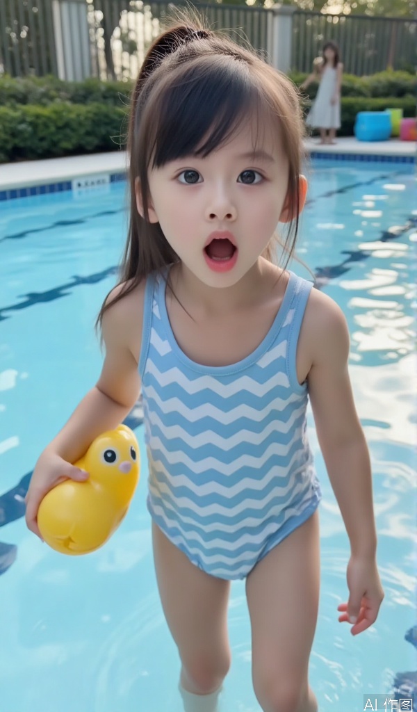 The little girl with Nezha's head was wearing a sky blue swimsuit with white wavy stripes on the swimsuit, and a yellow swimming ring with a cartoon little fish on it. She stood by the light blue swimming pool, with one foot in the water, and an excited and slightly nervous expression appeared on her face. The water in the swimming pool is clear and sparkling. There are some colorful swimming toys placed around. The afternoon sun shines on the water, reflecting dazzling light. The guide line composition is adopted, and the guide line is pointed at the little girl with the pool edge as the guide line. The medium shot is lively and summer style, with sky blue, white and yellow as the main colors, highlighting the lively and cuteness of the little girl by the pool edge in the summer.