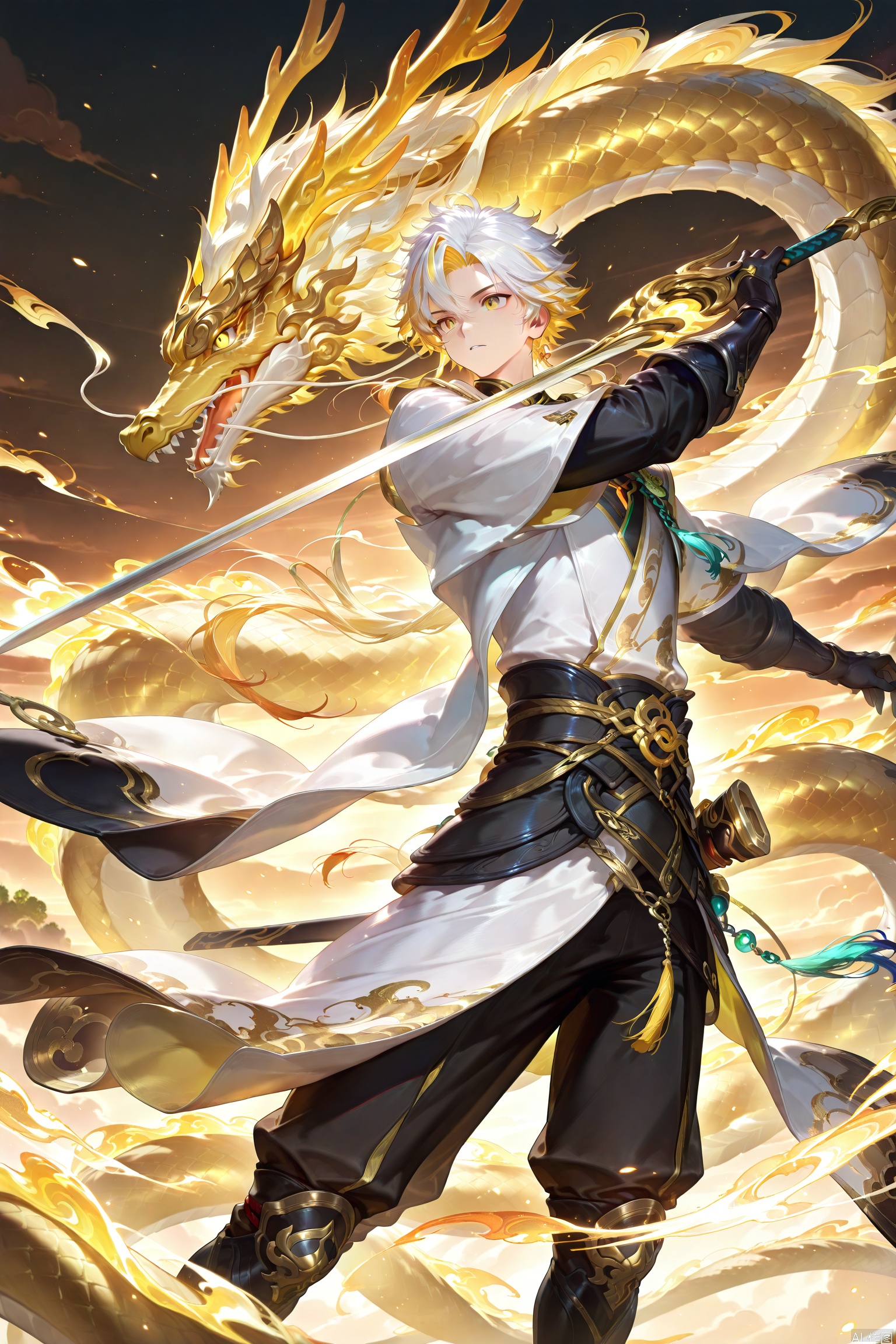 solo, blonde hair, gloves, 1boy, holding, standing, yellow eyes, weapon, white hair, male focus, multicolored hair, black gloves, sword, holding weapon, two-tone hair, holding sword,Oriental dragon, luminous dragon,yellow dragon