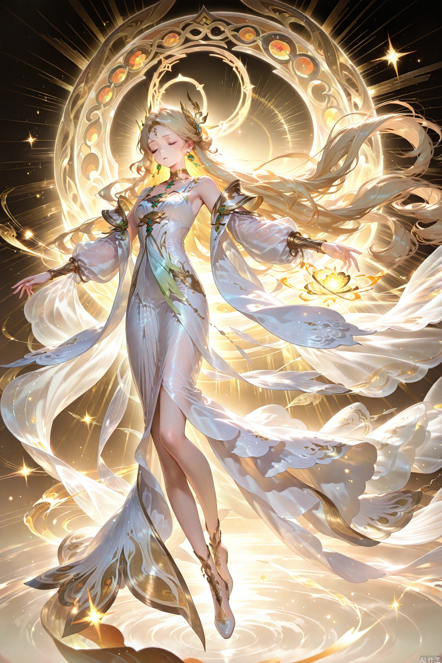 1girl, solo, long hair, blonde hair, hair ornament, dress, jewelry, full body, closed eyes, earrings, white dress, floating