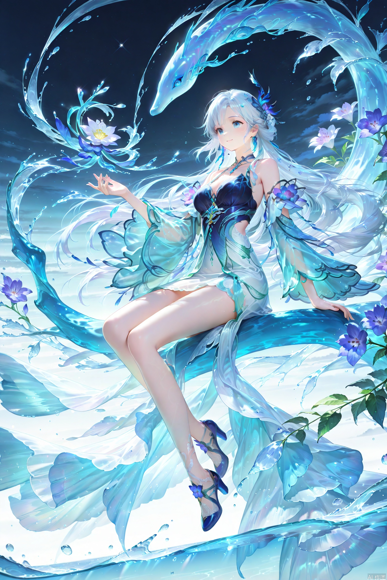 1girl, solo, long hair, breasts, smile, blue eyes, hair ornament, dress, bare shoulders, sitting, full body, flower, white hair, detached sleeves, water, high heels