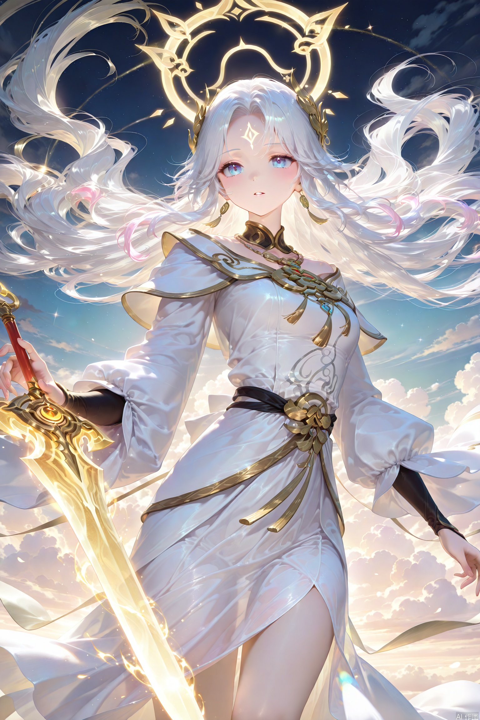 A majestic young woman with long, flowing white hair and a striking forehead mark stands solo in a serene sky, surrounded by puffy clouds. She holds a gleaming sword aloft, its blade glinting in the soft light as she appears to be levitating above the ground. A floating object, possibly a small orb or pendant, hovers near her face, drawing attention to her ethereal beauty and commanding presence.