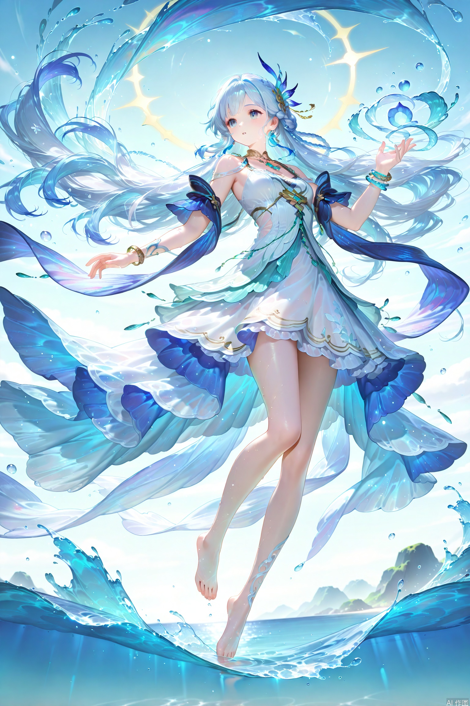 1girl, solo, long hair, hair ornament, dress, jewelry, blue hair, full body, braid, white hair, barefoot, water, white dress, floating