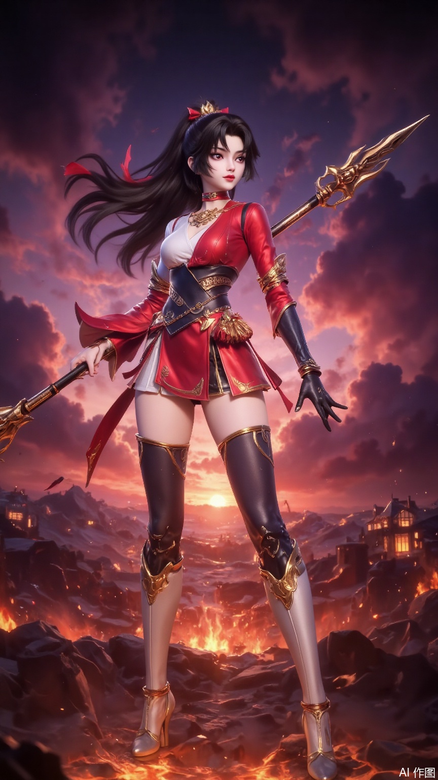 1 girl, solo, with long black hair, ponytail, scattered behind her back like a waterfall, dotted with exquisite golden jewelry, shining with magical light. Her golden sharp eyes exuded strength and determination, and her seductive and confident expression enhanced the feeling. She wore a tight white and red combat suit with intricate metal patterns that showed her toned and athlete-like figure, emphasizing her bare shoulders and a touch of waist. Her outfit is decorated with glowing reds and gold accents. Her legs were wearing black, thigh-high stockings with gold lace on them and her feet were wearing high heels with metallic shiny heels, adding a hint of elegance and seduction to her appearance. She was holding a spear with a huge spear in her right hand, which was tilted downward due to its own weight. Look directly at the audience, face the audience, get close to the audience, shoot at low angles. Set in a mysterious and dreamy environment, below is a glowing battlefield surrounded by swirling clouds of fire and light, the sky is painted with fiery red, orange and purple gradients, and the faintly glowing stardust adds to this magical atmosphere. gorgeous.