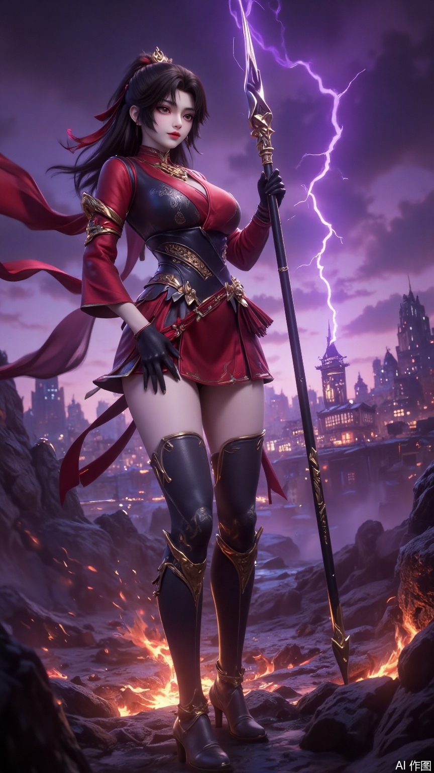 In the dark purple sky, surging and eerie clouds resemble the open maw of an ancient beast. Scarlet rays of light, like flowing divine blood, drench the battlefield in a burning illusion. The female warrior in red is clad in black armor adorned with golden patterns. Red silk cascades from her shoulders, billowing into a seductive blaze amidst the chaotic air currents. Her black combat boots, inlaid with runes, emit an eerie blue glow with each step, scorching the lava - covered rocks beneath her feet.
The long spear in her grasp is coiled with fine silver thunder patterns, and the spearhead condenses a strange energy that intertwines ice and fire, as if sealing two opposing purgatories within. The scarlet ribbon tied to the end of her long, bound hair sparkles with tiny stars, spattering minute sparks as she moves. The quaint bronze amulet around her neck grows warm, and as the runes flow, mysterious totems faintly emerge, seemingly resonating with the distant, hovering ancient city that shimmers in and out of sight.
The female warrior's gaze is as sharp as a poisoned blade, reflecting the warped rift in the sky. With a gentle wave of her spear, a purple crack suddenly rips through the air, from which magma and ice crystals gush out, rendering this cursed battlefield even more magical. She is both the guardian of this chaotic world and a mysterious being capable of disrupting the laws of nature.