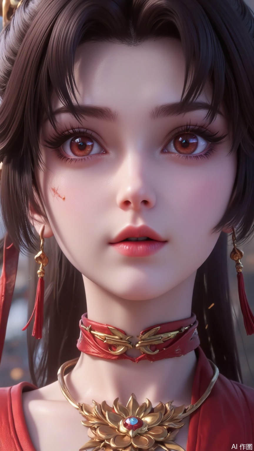 Her cheeks were charmed by the surging magic into a magnificent rosy hue, as if two leaping flames were flowing downstream of her skin, and even fine golden lines emerged on her cheekbones - a concrete manifestation of the resonance between her bloodline and the laws of heaven and earth.
 After a sharp contraction, the pupil suddenly dilated. The edge of the black iris was stained with scarlet, like a burning abyss, while in the center, there was a vertical ice-blue pupil, like the lethal gaze of a snake hunting. Every blink could trigger the cracking sound of the air.
Rapid breathing emerged from the slightly open lips, and the breath, like white mist, was wrapped with fine sparks and ice crystals, colliding in the cold air to produce crackling electric arcs. Her nostrils rose and fell violently. With each inhalation, her chest almost burst through the armor. Under the skin below her collarbone, pale golden blood vessels pulsated like living creatures, like molten liquid surging within them.
 The lower jaw was taut and sharp, but the teeth were not clenched tightly. The corners of the lips even pulled out a nearly hideous smile, allowing the scalding blood to drip from the bitten lip, outlining a strange blood line on the pale chin.
The star ornament between the hair trembled violently, causing the broken hair to flutter wildly, revealing the dark purple curse mark that appeared at the temples due to an overload of magic power. When she lowered her head and stared at the cracked earth beneath her feet, her dilated pupils reflected the shattered time and space, and the blood vessels densely distributed in the whites of her eyes glowed with a metallic cold light - that was a sign that her power was about to break through the critical point. Each rapid gasp was like the prelude to a war drum. Between the rise and fall of the chest, the skin beneath the armor emitted a semi-transparent glow, as if it would transform into a pure energy body in the next second, stirring up an earth-shattering frenzy in this chaos.