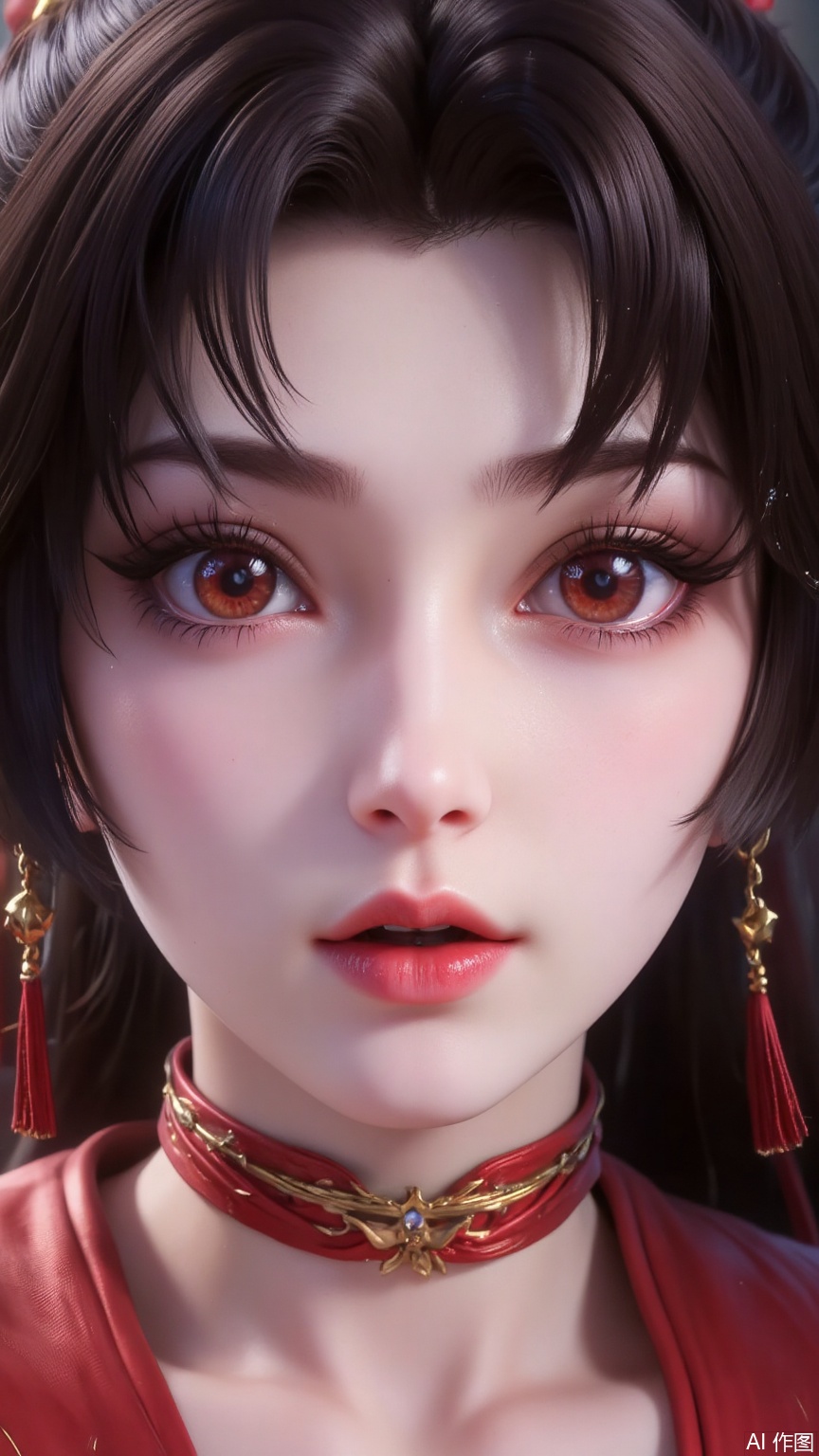 Her cheeks were charmed by the surging magic into a magnificent rosy hue, as if two leaping flames were flowing downstream of her skin, and even fine golden lines emerged on her cheekbones - a concrete manifestation of the resonance between her bloodline and the laws of heaven and earth.
 After a sharp contraction, the pupil suddenly dilated. The edge of the black iris was stained with scarlet, like a burning abyss, while in the center, there was a vertical ice-blue pupil, like the lethal gaze of a snake hunting. Every blink could trigger the cracking sound of the air.
Rapid breathing emerged from the slightly open lips, and the breath, like white mist, was wrapped with fine sparks and ice crystals, colliding in the cold air to produce crackling electric arcs. Her nostrils rose and fell violently. With each inhalation, her chest almost burst through the armor. Under the skin below her collarbone, pale golden blood vessels pulsated like living creatures, like molten liquid surging within them.
 The lower jaw was taut and sharp, but the teeth were not clenched tightly. The corners of the lips even pulled out a nearly hideous smile, allowing the scalding blood to drip from the bitten lip, outlining a strange blood line on the pale chin.
The star ornament between the hair trembled violently, causing the broken hair to flutter wildly, revealing the dark purple curse mark that appeared at the temples due to an overload of magic power. When she lowered her head and stared at the cracked earth beneath her feet, her dilated pupils reflected the shattered time and space, and the blood vessels densely distributed in the whites of her eyes glowed with a metallic cold light - that was a sign that her power was about to break through the critical point. Each rapid gasp was like the prelude to a war drum. Between the rise and fall of the chest, the skin beneath the armor emitted a semi-transparent glow, as if it would transform into a pure energy body in the next second, stirring up an earth-shattering frenzy in this chaos.