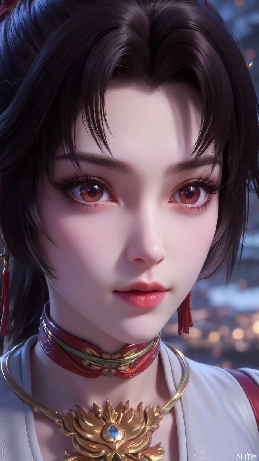 Her cheeks were charmed by the surging magic into a magnificent rosy hue, as if two leaping flames were flowing downstream of her skin, and even fine golden lines emerged on her cheekbones - a concrete manifestation of the resonance between her bloodline and the laws of heaven and earth.
 After a sharp contraction, the pupil suddenly dilated. The edge of the black iris was stained with scarlet, like a burning abyss, while in the center, there was a vertical ice-blue pupil, like the lethal gaze of a snake hunting. Every blink could trigger the cracking sound of the air.
Rapid breathing emerged from the slightly open lips, and the breath, like white mist, was wrapped with fine sparks and ice crystals, colliding in the cold air to produce crackling electric arcs. Her nostrils rose and fell violently. With each inhalation, her chest almost burst through the armor. Under the skin below her collarbone, pale golden blood vessels pulsated like living creatures, like molten liquid surging within them.
 The lower jaw was taut and sharp, but the teeth were not clenched tightly. The corners of the lips even pulled out a nearly hideous smile, allowing the scalding blood to drip from the bitten lip, outlining a strange blood line on the pale chin.
The star ornament between the hair trembled violently, causing the broken hair to flutter wildly, revealing the dark purple curse mark that appeared at the temples due to an overload of magic power. When she lowered her head and stared at the cracked earth beneath her feet, her dilated pupils reflected the shattered time and space, and the blood vessels densely distributed in the whites of her eyes glowed with a metallic cold light - that was a sign that her power was about to break through the critical point. Each rapid gasp was like the prelude to a war drum. Between the rise and fall of the chest, the skin beneath the armor emitted a semi-transparent glow, as if it would transform into a pure energy body in the next second, stirring up an earth-shattering frenzy in this chaos.