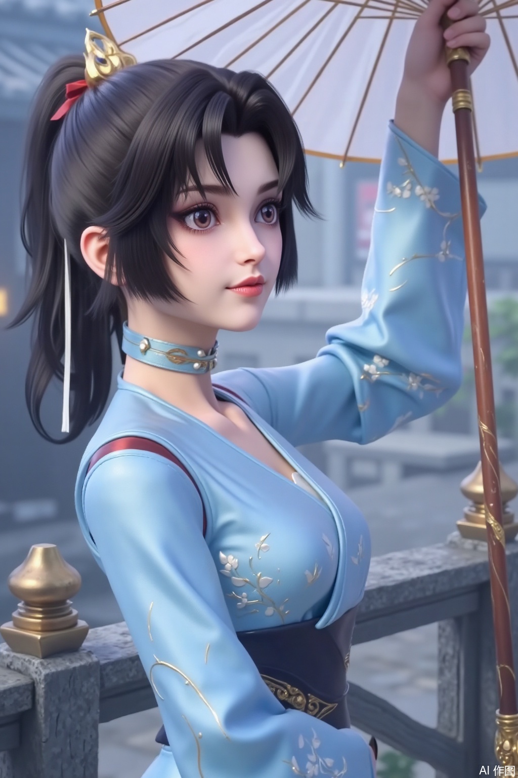 1 girl, solo, portrait of an ancient woman, light blue silk embroidered robe, white plush neckline and cuff decoration, exquisite white small floral embroidery pattern, black and waist-length hair draped, white mark on the hair, elegant makeup with light purple pupils, classical water drop-shaped pearl earrings, hand holding plain white oil paper umbrella (brown wood umbrella handle), side-standing posture, natural grey stone railings with right hand, stone slab street background, blue-gray stone building complex, mist atmosphere, soft scattered light, contrast of silk and plush material, semi-transparent effect of umbrella surface, light blue and warm white main tones, light gray ambient color transition, fine brushwork style details, ink texture contamination, classical elegant atmosphere, 3/4 side composition, focus perspective depth of field, traditional oriental aesthetic artistic conception, full of modern style, Unreal Engine 5 rendering, blur background.