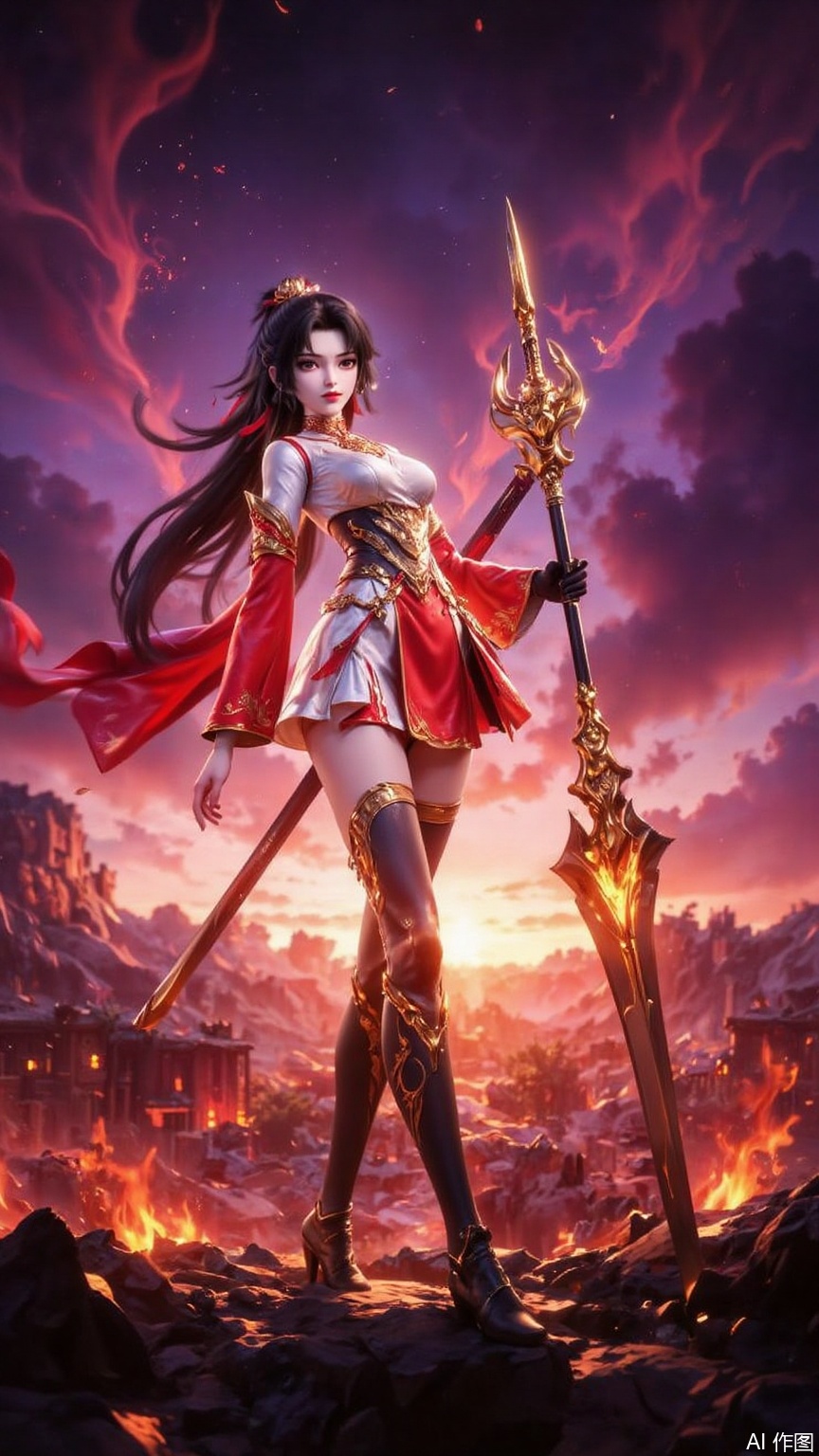 1 girl, solo, with long black hair, ponytail, scattered behind her back like a waterfall, dotted with exquisite golden jewelry, shining with magical light. Her golden sharp eyes exuded strength and determination, and her seductive and confident expression enhanced the feeling. She wore a tight white and red combat suit with intricate metal patterns that showed her toned and athlete-like figure, emphasizing her bare shoulders and a touch of waist. Her outfit is decorated with glowing reds and gold accents. Her legs were wearing black, thigh-high stockings with gold lace on them and her feet were wearing high heels with metallic shiny heels, adding a hint of elegance and seduction to her appearance. She was holding a spear with a huge spear in her right hand, which was tilted downward due to its own weight. Look directly at the audience, face the audience, get close to the audience, shoot at low angles. Set in a mysterious and dreamy environment, below is a glowing battlefield surrounded by swirling clouds of fire and light, the sky is painted with fiery red, orange and purple gradients, and the faintly glowing stardust adds to this magical atmosphere. gorgeous.