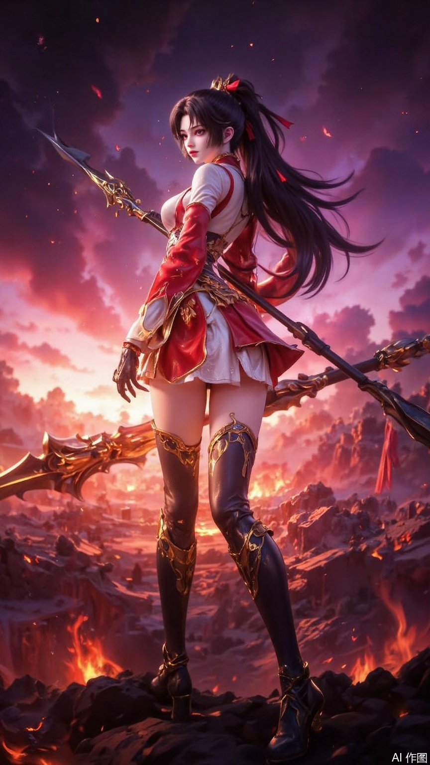 1 girl, solo, with long black hair, ponytail, scattered behind her back like a waterfall, dotted with exquisite golden jewelry, shining with magical light. Her golden sharp eyes exuded strength and determination, and her seductive and confident expression enhanced the feeling. She wore a tight white and red combat suit with intricate metal patterns that showed her toned and athlete-like figure, emphasizing her bare shoulders and a touch of waist. Her outfit is decorated with glowing reds and gold accents. Her legs were wearing black, thigh-high stockings with gold lace on them and her feet were wearing high heels with metallic shiny heels, adding a hint of elegance and seduction to her appearance. She was holding a spear with a huge spear in her right hand, which was tilted downward due to its own weight. Look directly at the audience, face the audience, get close to the audience, shoot at low angles. Set in a mysterious and dreamy environment, below is a glowing battlefield surrounded by swirling clouds of fire and light, the sky is painted with fiery red, orange and purple gradients, and the faintly glowing stardust adds to this magical atmosphere. gorgeous.
