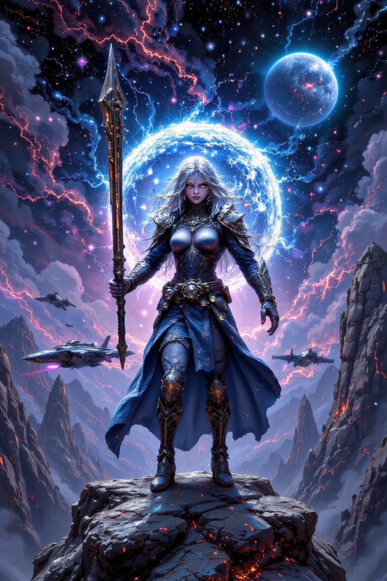Create a fantastical outer space scene where a girl,  adorned in ethereal attire,  stands confidently amidst a swirling ne...