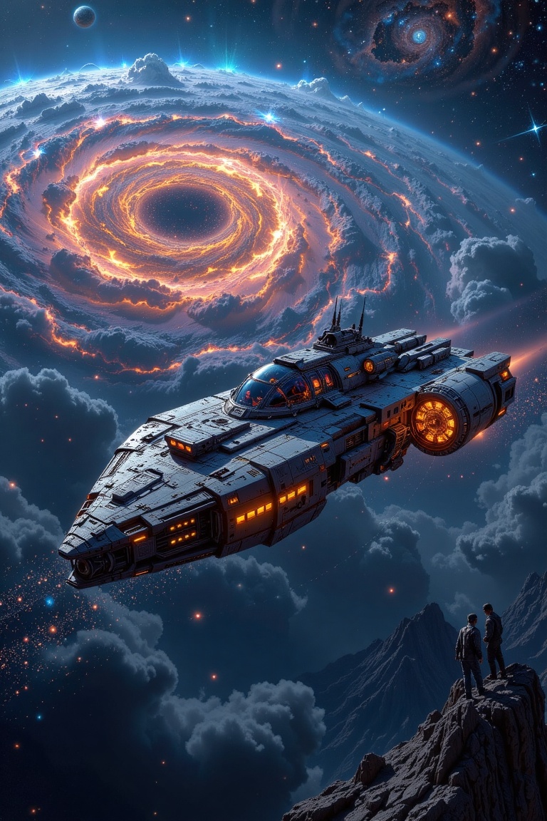 A breathtaking wide shot of Echo,  a futuristic spaceship drifting through the outer galaxy. Soft,  ethereal lighting bath...
