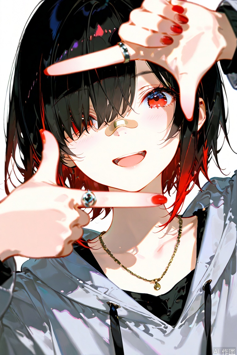 shadow,masterpiece,movie perspective,masterpiece,facing the lens,best quality,very aesthetic,extremely delicate and beautiful,huge filesize,amazing quality,32K UHD,Focus single,Blurred foreground
1girl,solo,looking at viewer,smile,open mouth,short hair,black hair,long sleeves,red eyes,jewelry,collarbone,upper body,multicolored hair,red hair,hood,necklace,nail polish,hair over one eye,blurry,streaked hair,hoodie,hood down,ring,bandaid,red nails,one eye covered,bandaid on face,drawstring,bandaid on nose,grey hoodie,finger frame,
