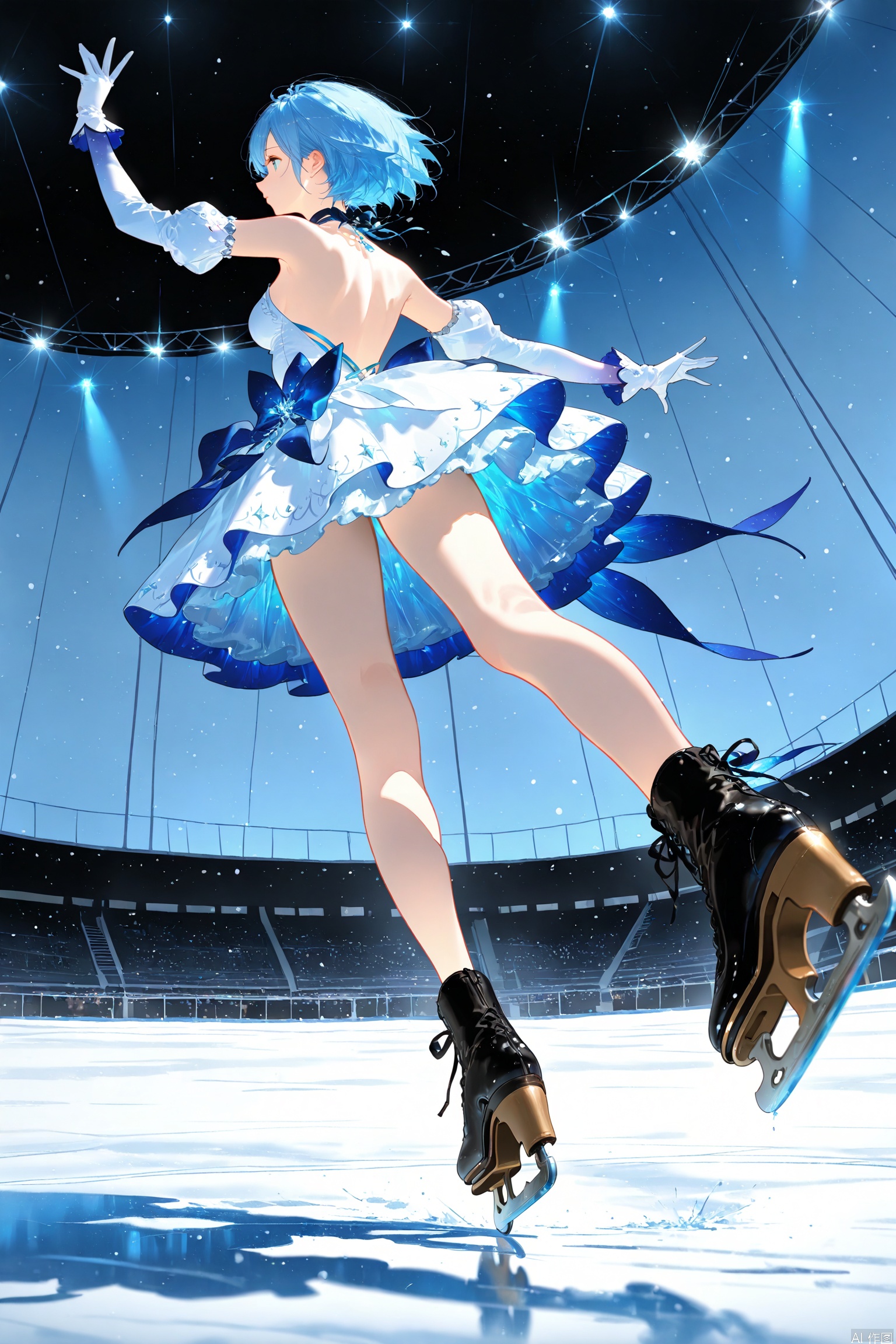 shadow,masterpiece,movie perspective,masterpiece,facing the lens,best quality,very aesthetic,extremely delicate and beautiful,huge filesize,amazing quality,32K UHD,Focus single,Blurred foreground,solo_focus
1girl, solo, breasts, short hair, gloves, dress, bare shoulders, medium breasts, blue hair, full body, detached sleeves, white gloves,  black footwear,backless dress, skates, ice skates,Stand on one foot,From front,banderole,Eye contact,on ice rink,Close one's eyes
