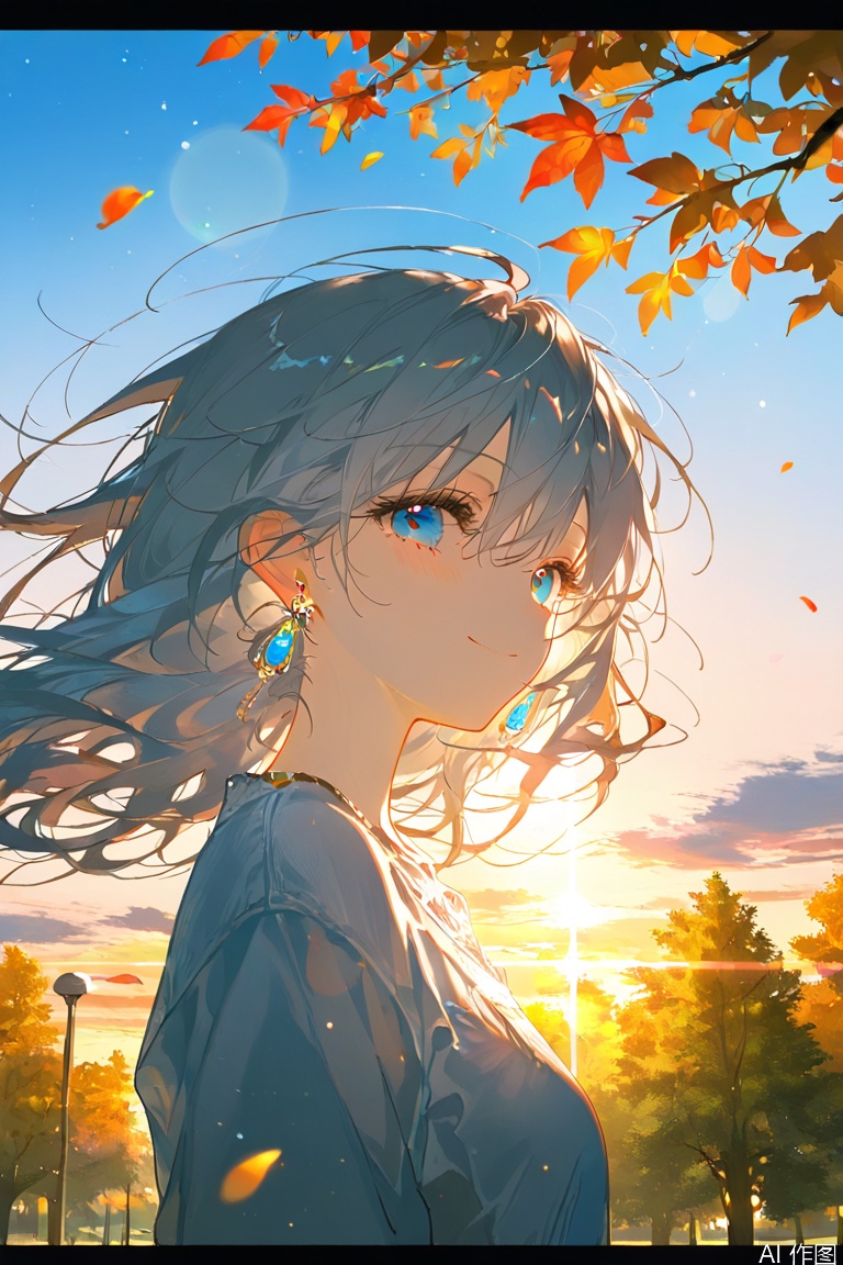 shadow,masterpiece,movie perspective,masterpiece,facing the lens,best quality,very aesthetic,extremely delicate and beautiful,huge filesize,amazing quality,32K UHD,Focus single,Blurred foreground
 1girl,solo,facing away,looking at viewer,from side,outdoors,silver hair,blurry background,blurry,tree,bangs,upper body,(light smle:1.2),autumn,depth of field,long hair,multicolored eyes,blue eyes,ahoge,hair between eyes,cover smile, (lens flare:1.2),floating hair,messy hair,floating colorful photoparticle,sunset,(dark:1.2),park,earrings,from below,reflect light,backlighting,falling petals,(letterboxed:1.3),film grain,light beam,