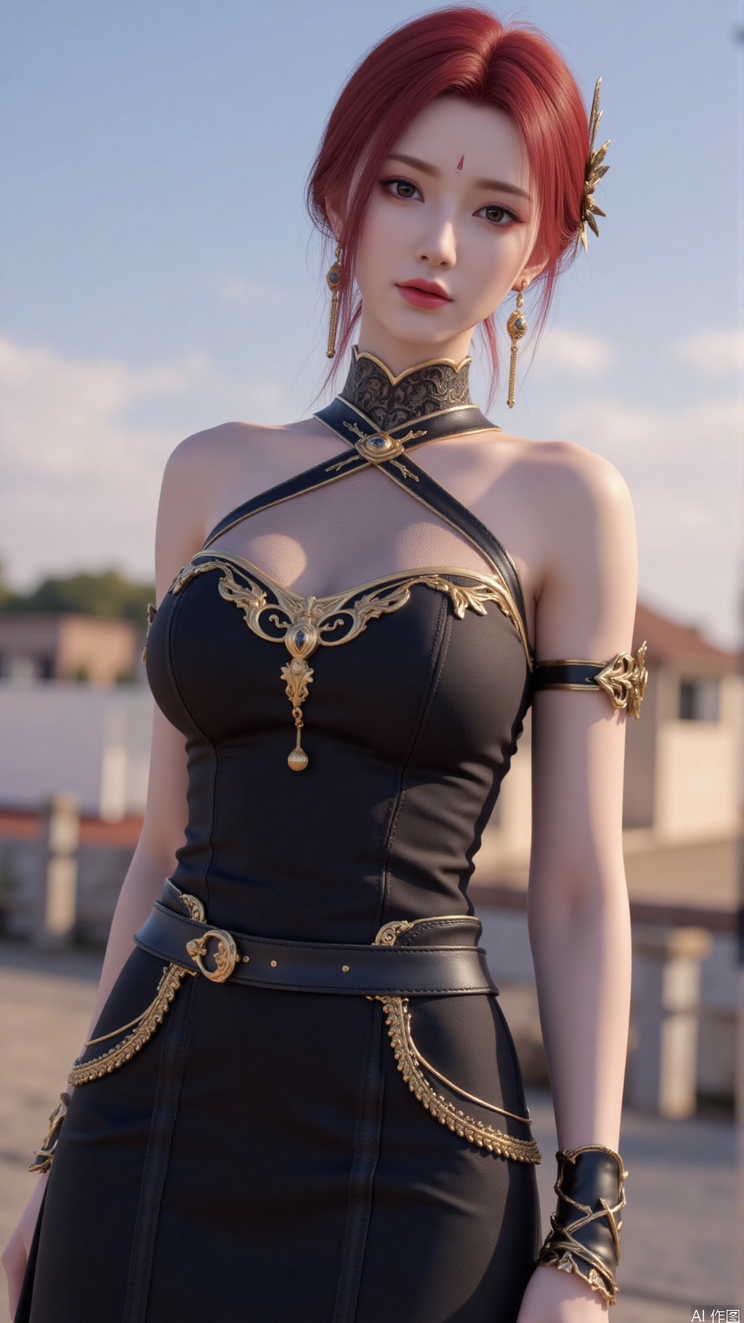 1girl, dress, jewelry, red hair, earrings, hair ornament, solo, black dress, looking at viewer, mischevious smile, perfect body, scenery, sharp focus, best quality, masterpiece, detailed outfit, illustration, perfect eyes, finely detailed beautiful anime eyes, realistic skin, intricate details, best lighting, depth of field, ultra high resolution,cowboy_shot, dynamic pose, dynamic angle,