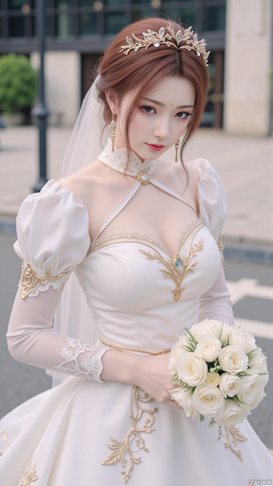 1girl, wedding dress,looking at viewer, mischevious smile, perfect body, scenery, sharp focus, best quality, masterpiece, detailed outfit, illustration, perfect eyes, finely detailed beautiful anime eyes, realistic skin, intricate details, best lighting, depth of field, ultra high resolution, cowboy_shot, bride, dynamic pose, dynamic angle,