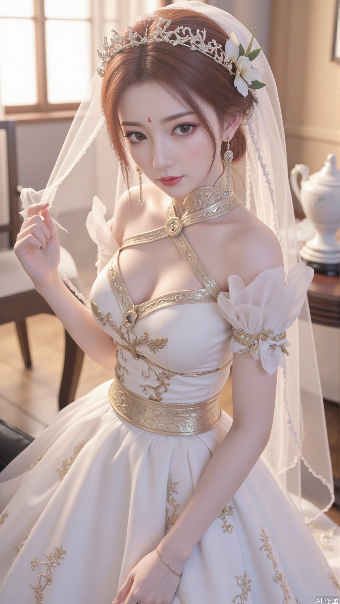 1girl, wedding dress,looking at viewer, mischevious smile, perfect body, scenery, sharp focus, best quality, masterpiece, detailed outfit, illustration, perfect eyes, finely detailed beautiful anime eyes, realistic skin, intricate details, best lighting, depth of field, ultra high resolution, cowboy_shot, bride, dynamic pose, dynamic angle,