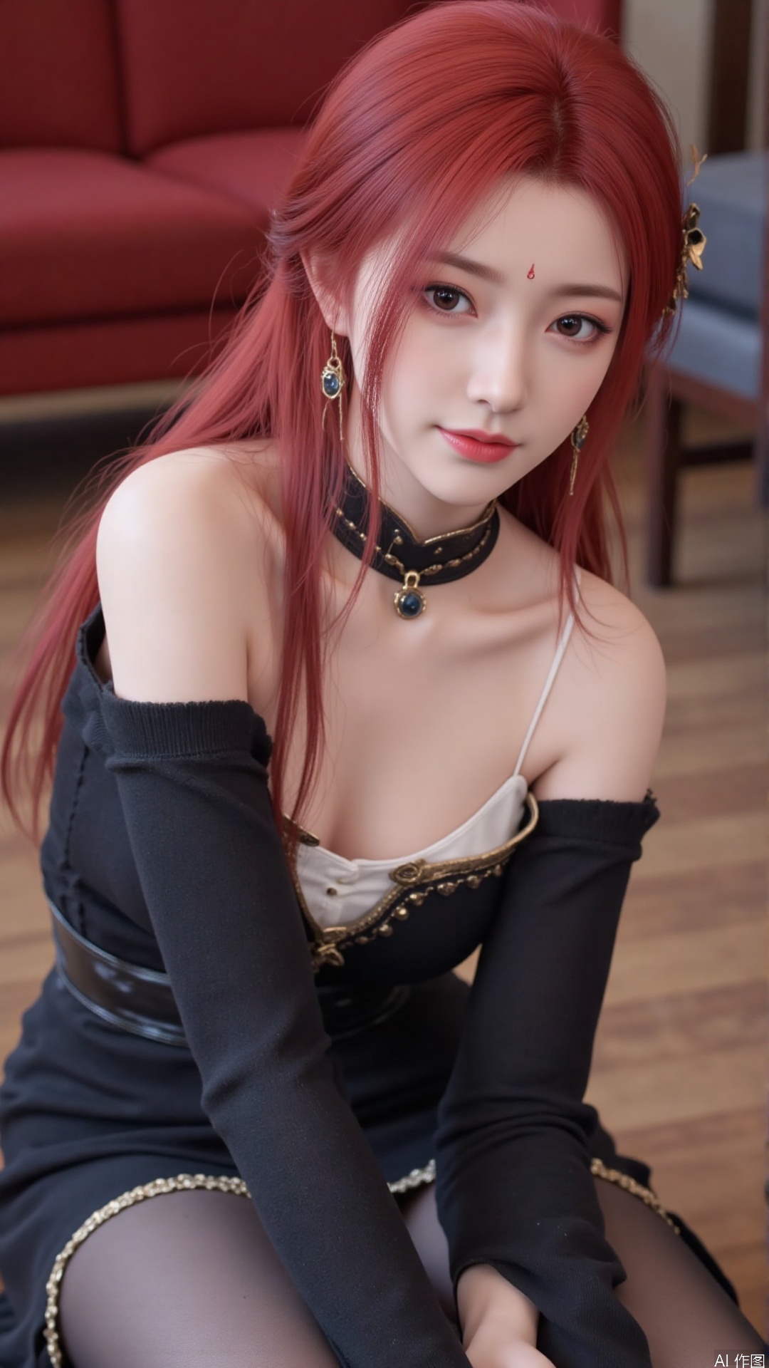 1girl, solo, long hair, looking at viewer, smile, red hair, sitting, collarbone, off shoulder, grin, sweater, messy hair, realistic