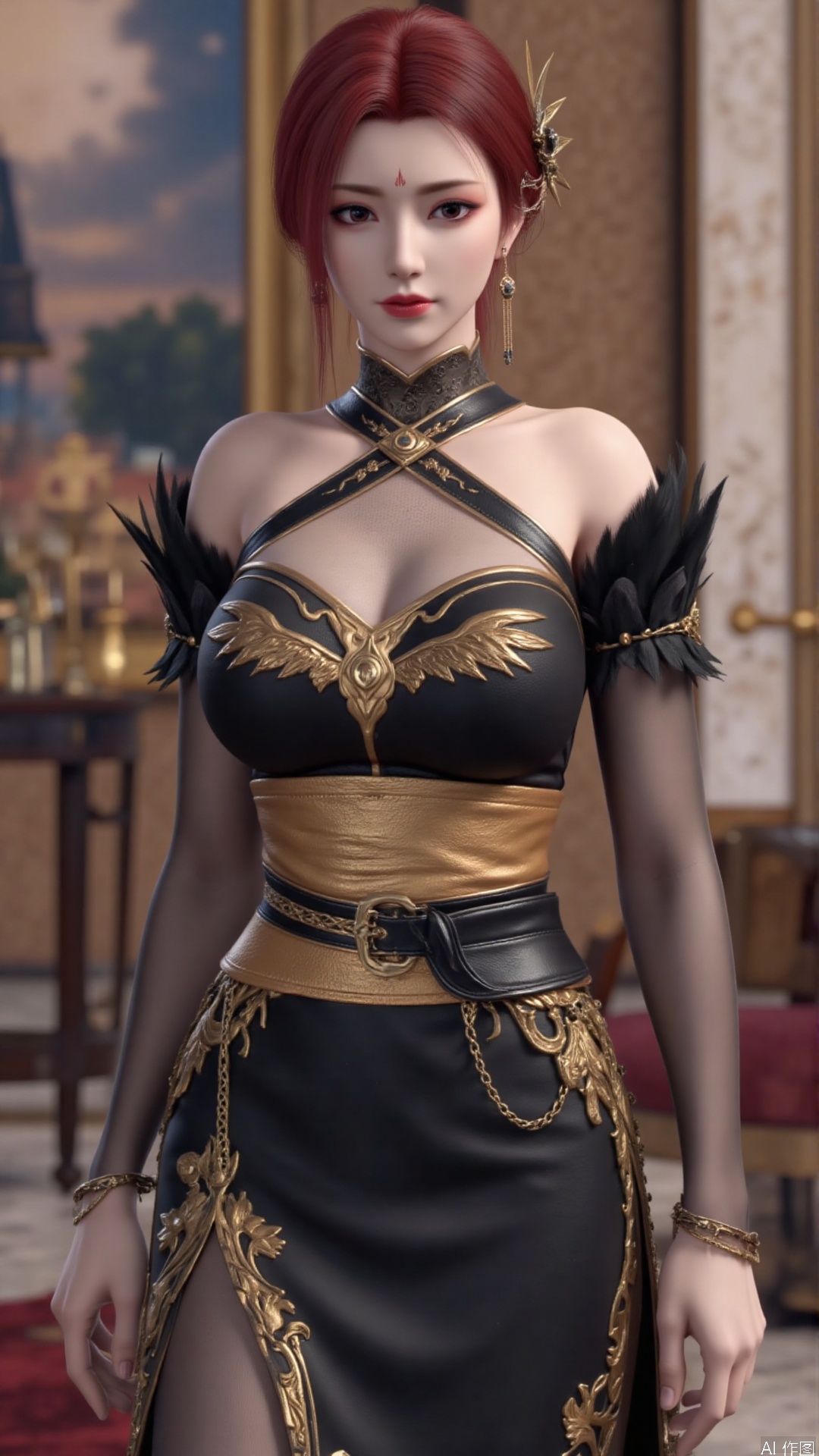 1girl, dress, jewelry, red hair, earrings, hair ornament, solo, black dress, looking at viewer, mischevious smile, perfect body, scenery, sharp focus, best quality, masterpiece, detailed outfit, illustration, perfect eyes, finely detailed beautiful anime eyes, realistic skin, intricate details, best lighting, depth of field, ultra high resolution,cowboy_shot, dynamic pose, dynamic angle,