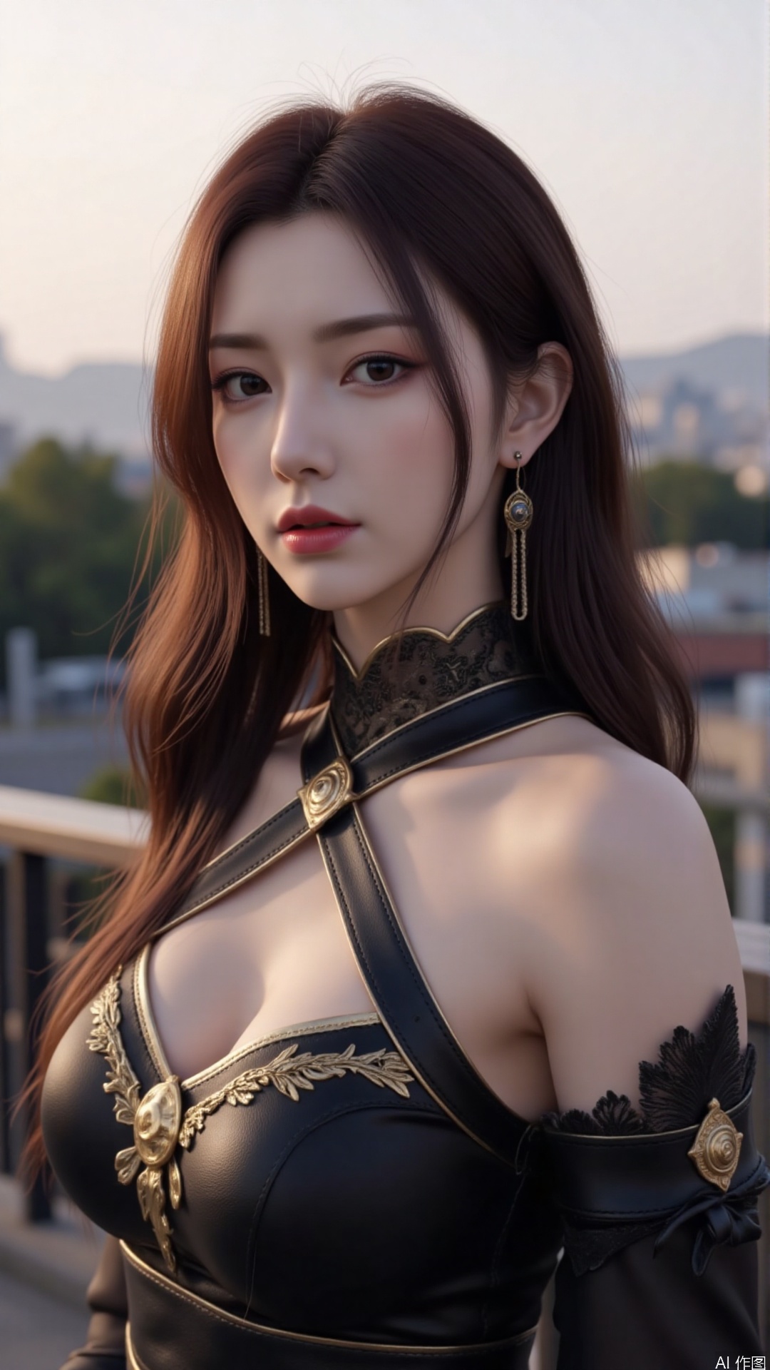  a asian woman, sexy long hair, charming and seductive temperament, distant close-up, golden ratio, movie texture, minimalism, high-end feeling, strong contrast between cold and warm, outdoor scenes, 