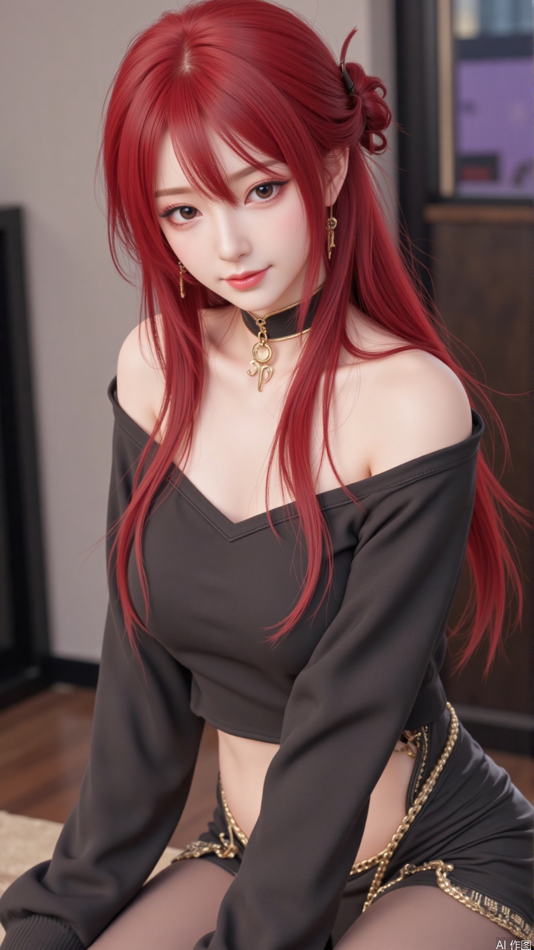 1girl, solo, long hair, looking at viewer, smile, red hair, sitting, collarbone, off shoulder, grin, sweater, messy hair, realistic