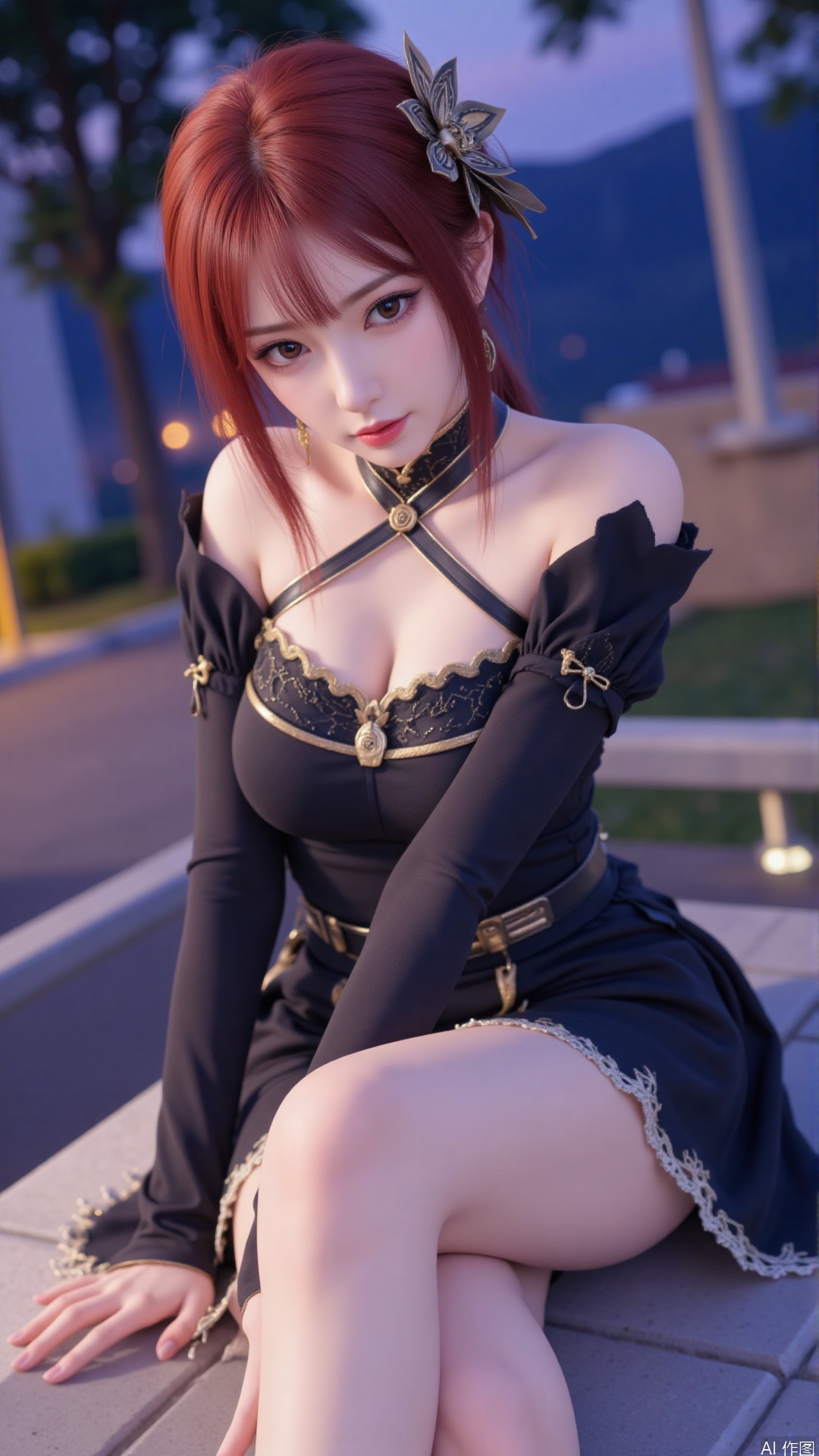 1girl, night dress,looking at viewer, mischevious smile, perfect body, scenery, sharp focus, best quality, masterpiece, detailed outfit, illustration, perfect eyes, finely detailed beautiful anime eyes, realistic skin, intricate details, best lighting, depth of field, ultra high resolution,sitting, full_body,bare legs,crossed legs , dynamic pose, dynamic angle,