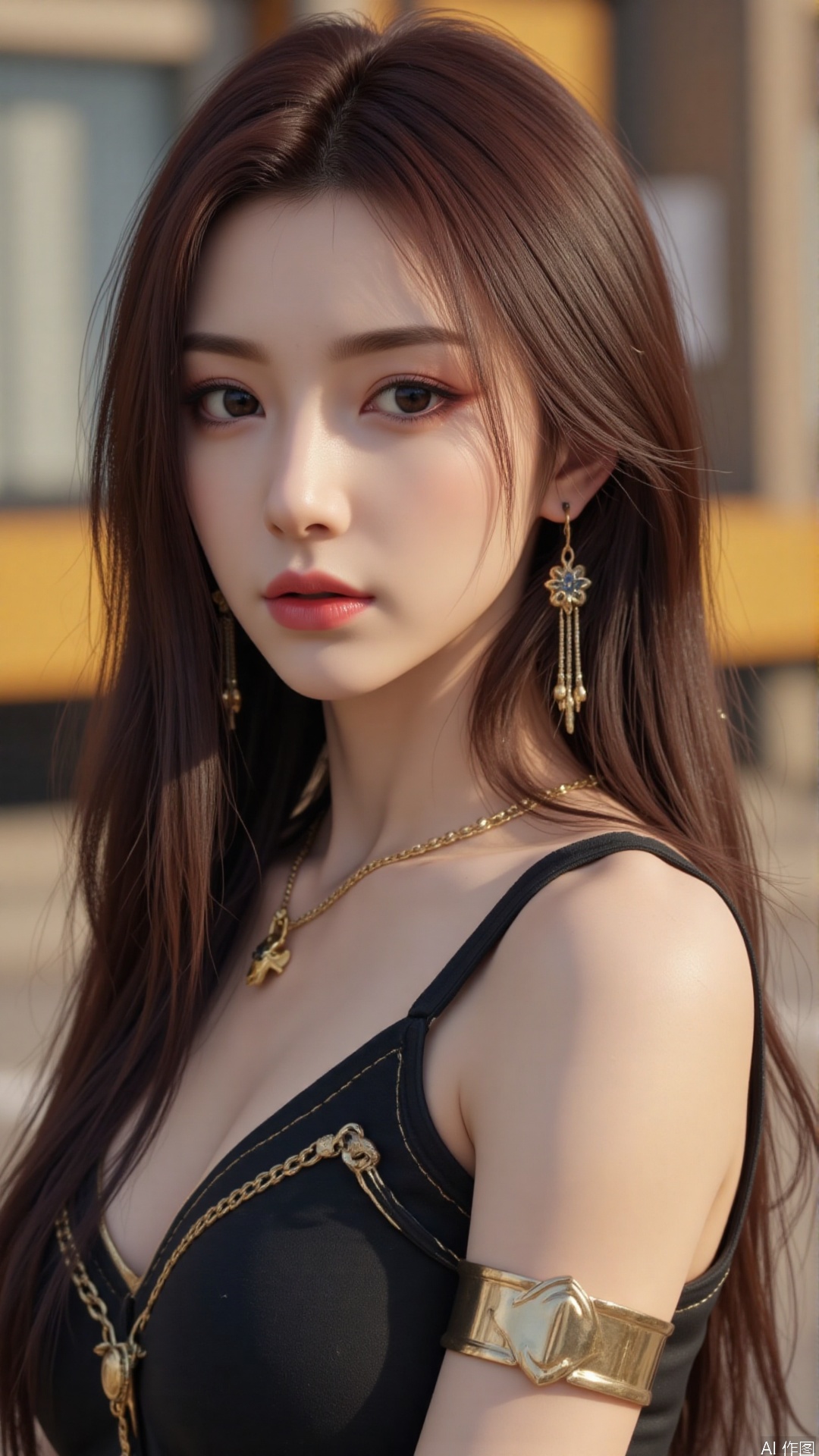  a asian woman, sexy long hair, charming and seductive temperament, distant close-up, golden ratio, movie texture, minimalism, high-end feeling, strong contrast between cold and warm, outdoor scenes, 