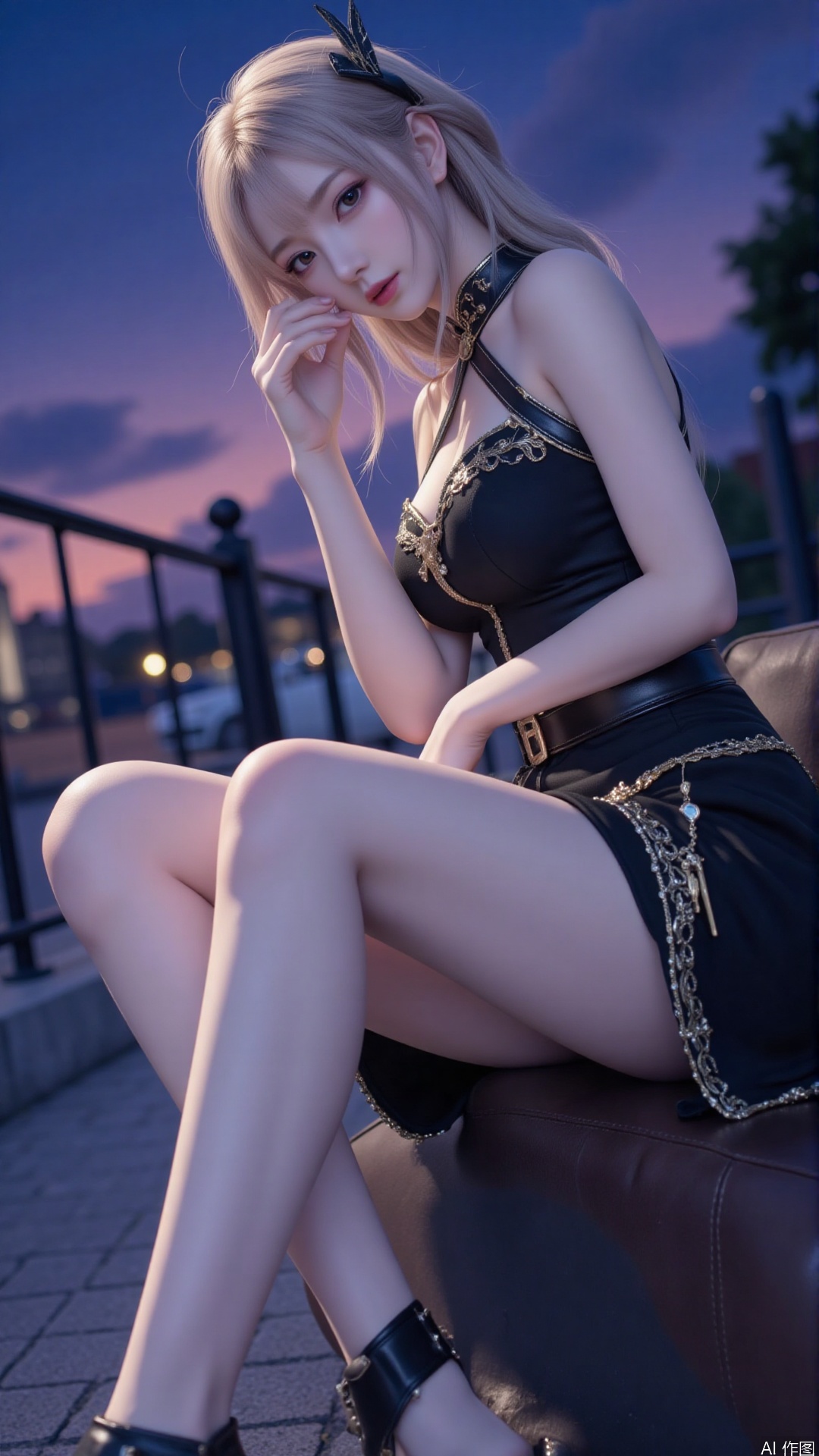 1girl, night dress,looking at viewer, mischevious smile, perfect body, scenery, sharp focus, best quality, masterpiece, detailed outfit, illustration, perfect eyes, finely detailed beautiful anime eyes, realistic skin, intricate details, best lighting, depth of field, ultra high resolution,sitting, full_body,bare legs,crossed legs , dynamic pose, dynamic angle,