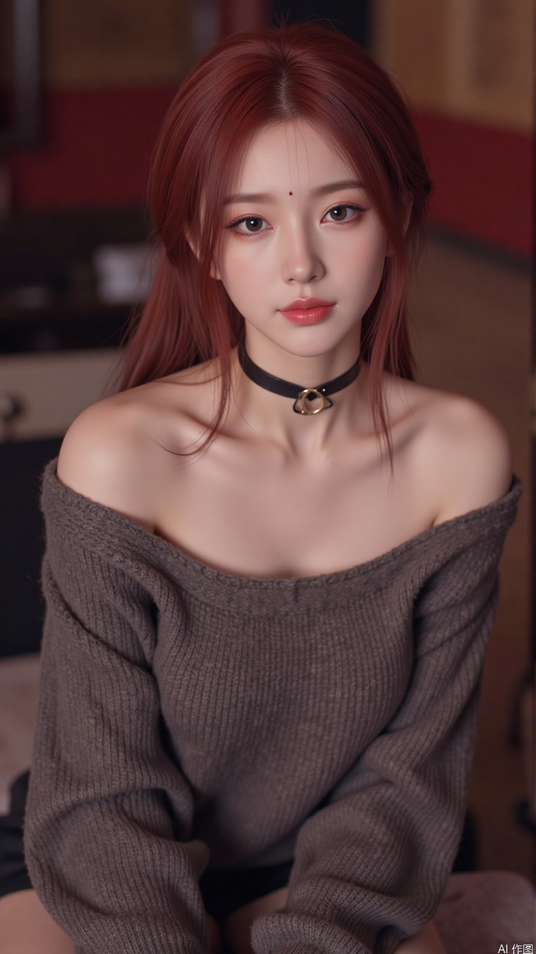 1girl, solo, long hair, looking at viewer, smile, red hair, sitting, collarbone, off shoulder, grin, sweater, messy hair, realistic