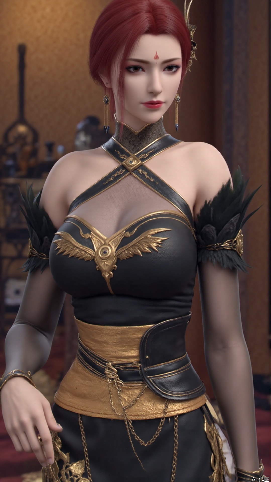 1girl, dress, jewelry, red hair, earrings, hair ornament, solo, black dress, looking at viewer, mischevious smile, perfect body, scenery, sharp focus, best quality, masterpiece, detailed outfit, illustration, perfect eyes, finely detailed beautiful anime eyes, realistic skin, intricate details, best lighting, depth of field, ultra high resolution,cowboy_shot, dynamic pose, dynamic angle,