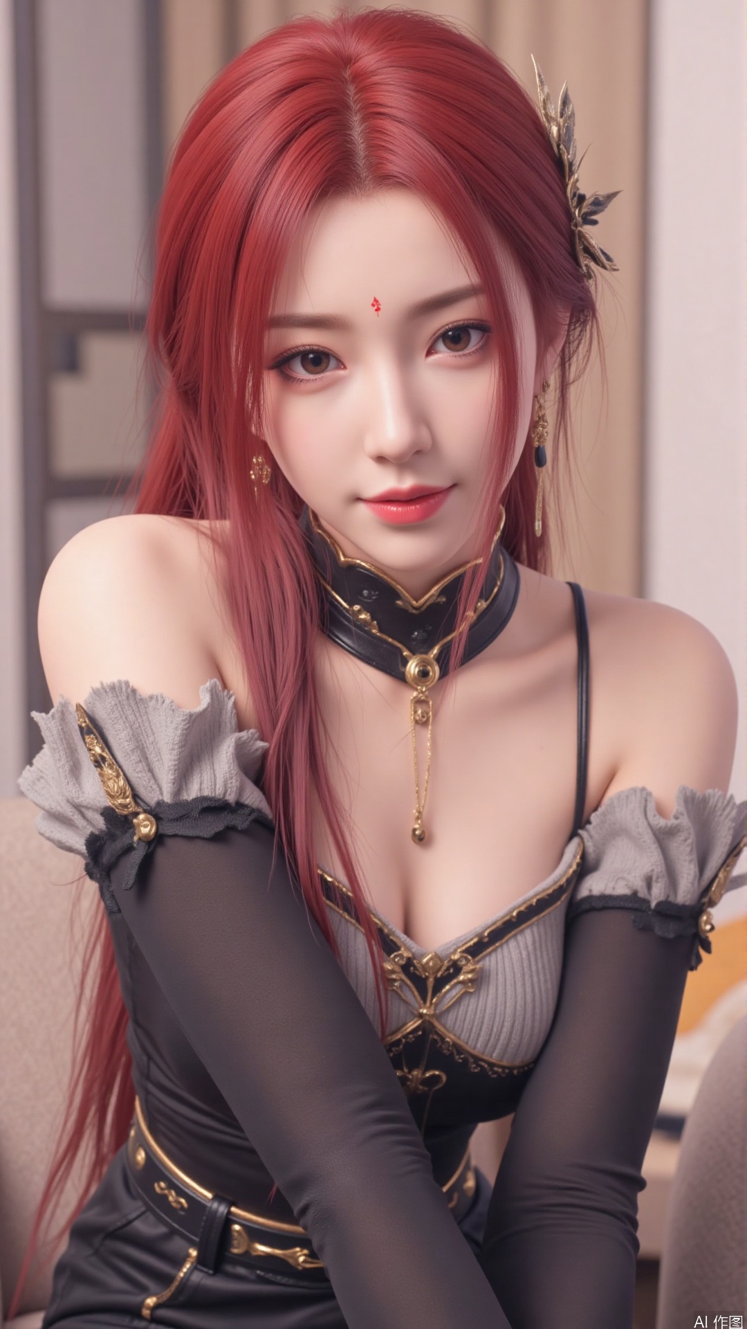 1girl, solo, long hair, looking at viewer, smile, red hair, sitting, collarbone, off shoulder, grin, sweater, messy hair, realistic