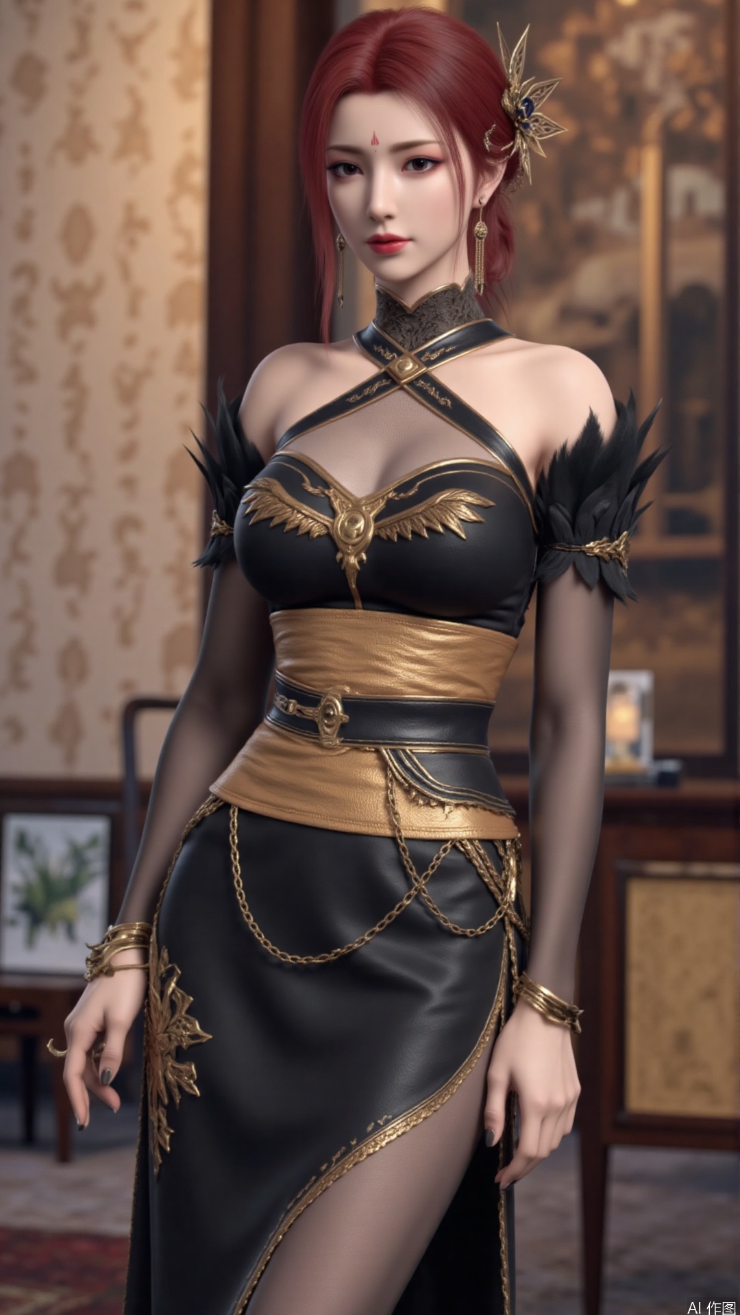 1girl, dress, jewelry, red hair, earrings, hair ornament, solo, black dress, looking at viewer, mischevious smile, perfect body, scenery, sharp focus, best quality, masterpiece, detailed outfit, illustration, perfect eyes, finely detailed beautiful anime eyes, realistic skin, intricate details, best lighting, depth of field, ultra high resolution,cowboy_shot, dynamic pose, dynamic angle,