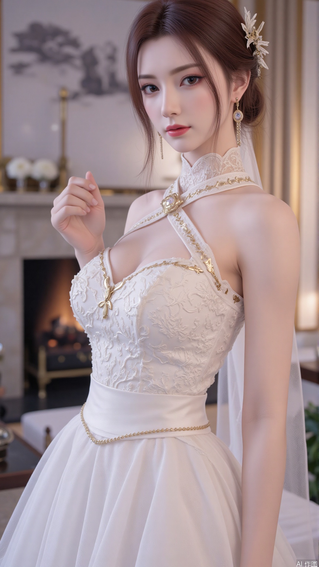 1girl, wedding dress,looking at viewer, mischevious smile, perfect body, scenery, sharp focus, best quality, masterpiece, detailed outfit, illustration, perfect eyes, finely detailed beautiful anime eyes, realistic skin, intricate details, best lighting, depth of field, ultra high resolution, cowboy_shot, bride, dynamic pose, dynamic angle,