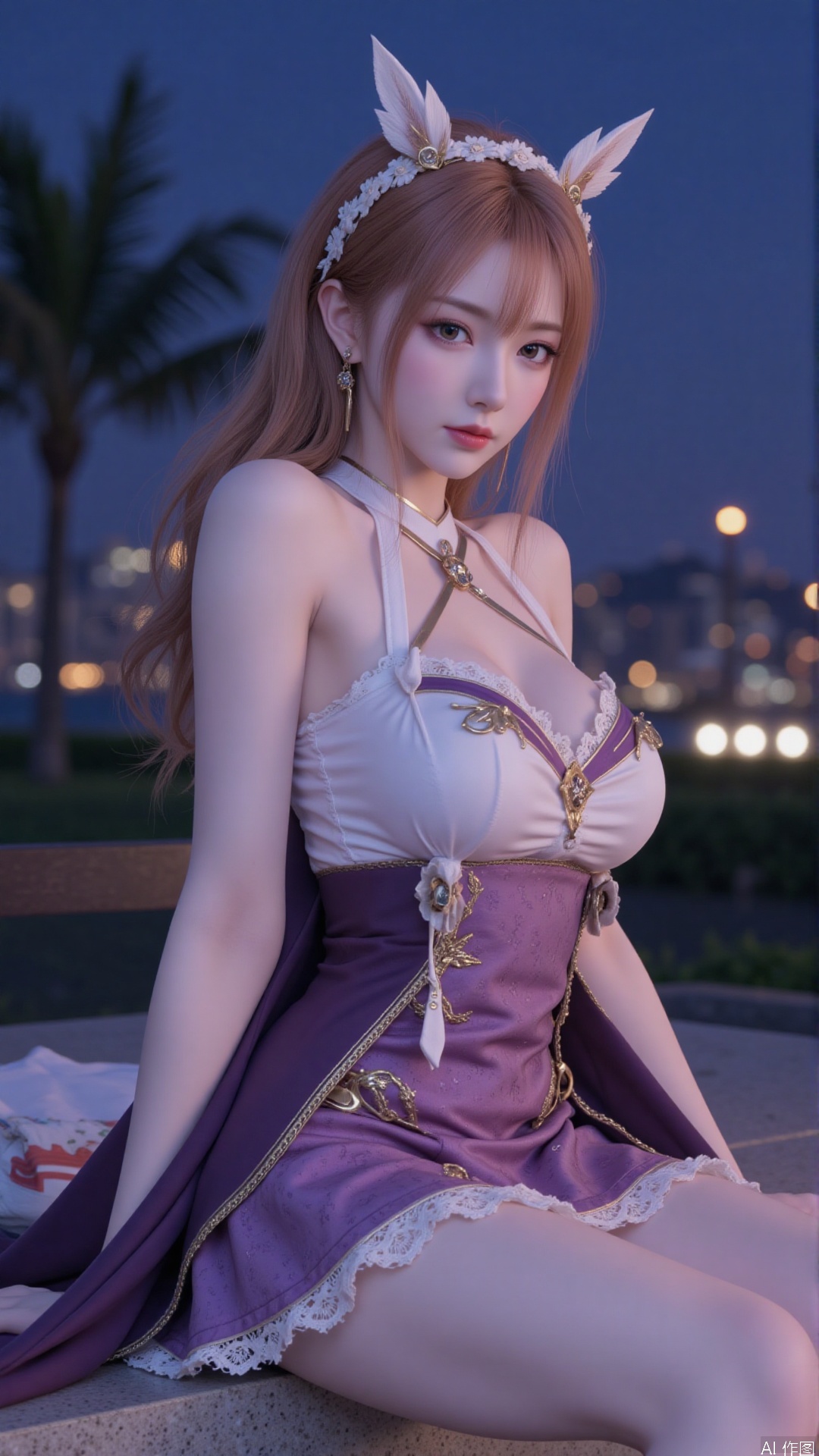 1girl, night dress,looking at viewer, mischevious smile, perfect body, scenery, sharp focus, best quality, masterpiece, detailed outfit, illustration, perfect eyes, finely detailed beautiful anime eyes, realistic skin, intricate details, best lighting, depth of field, ultra high resolution,sitting, full_body,bare legs,crossed legs , dynamic pose, dynamic angle,