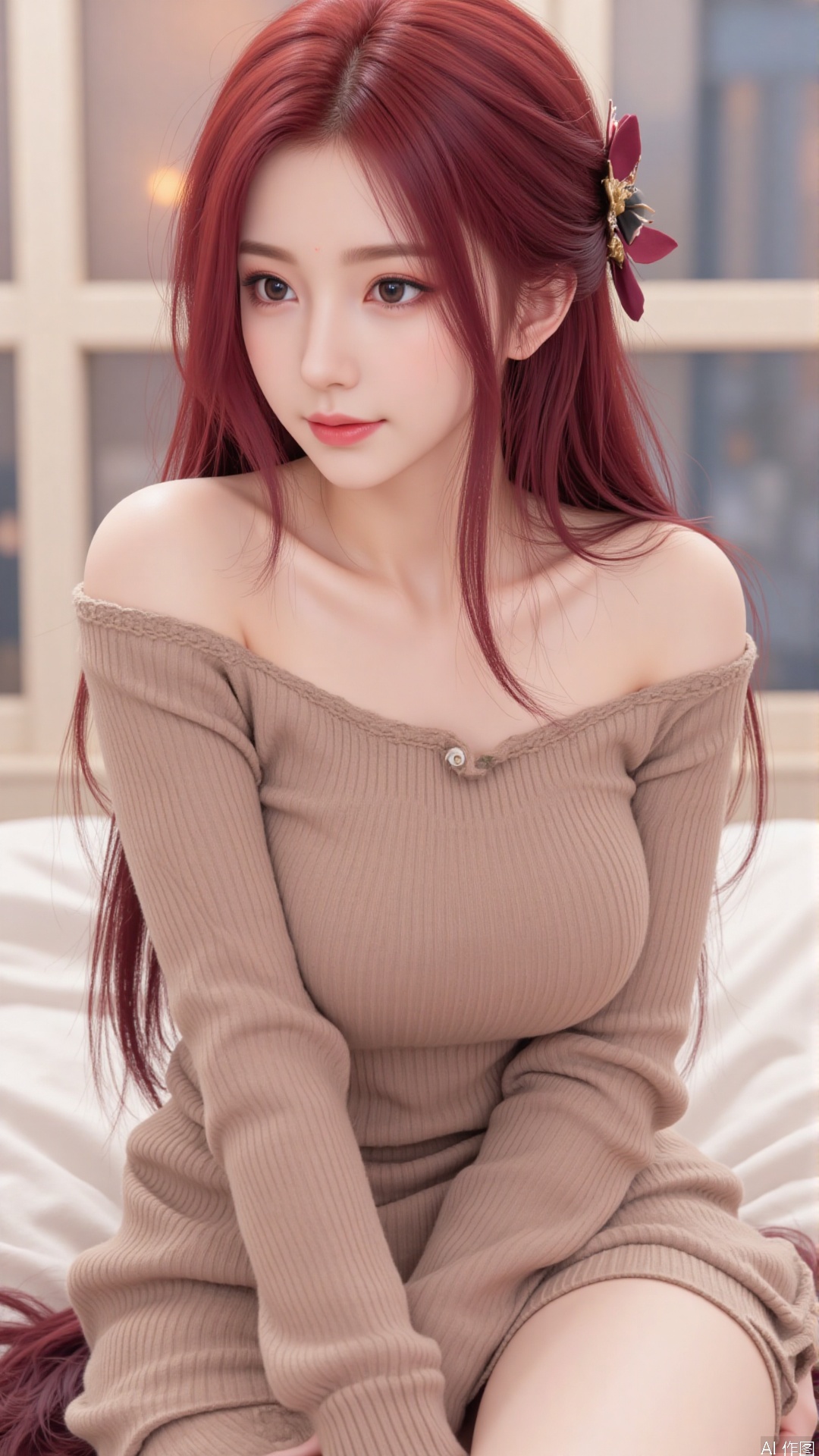 1girl, solo, long hair, looking at viewer, smile, red hair, sitting, collarbone, off shoulder, grin, sweater, messy hair, realistic