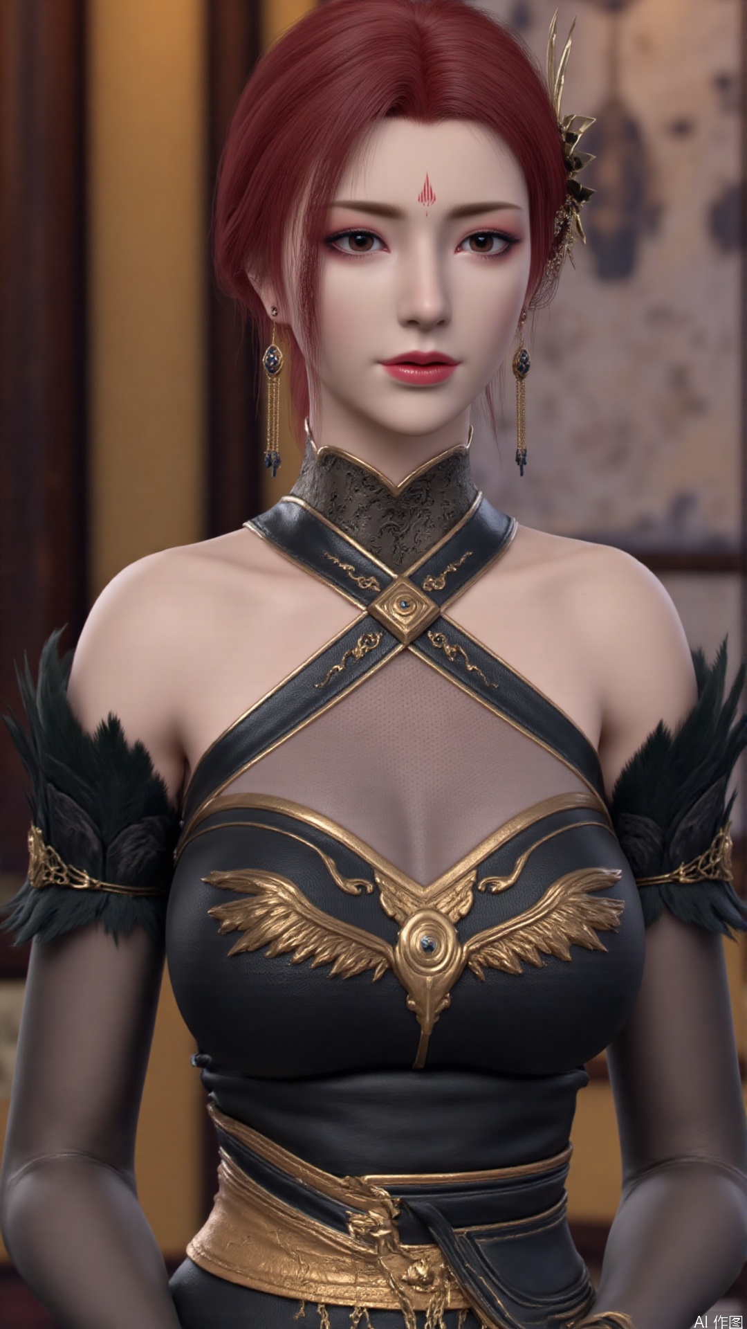 1girl, dress, jewelry, red hair, earrings, hair ornament, solo, black dress, looking at viewer, mischevious smile, perfect body, scenery, sharp focus, best quality, masterpiece, detailed outfit, illustration, perfect eyes, finely detailed beautiful anime eyes, realistic skin, intricate details, best lighting, depth of field, ultra high resolution,cowboy_shot, dynamic pose, dynamic angle,