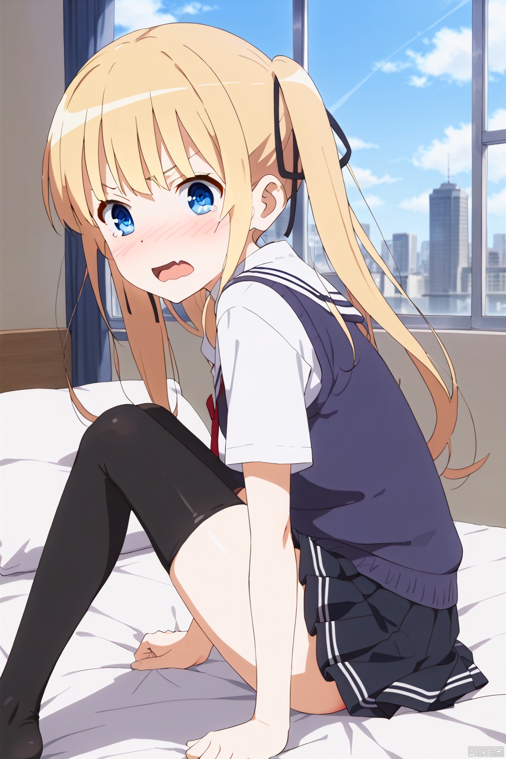 1girl,solo,blue eyes,blonde hair,ribbon twintails,hair ribbon,ribbon floating hair,long hair,skirt,underwear,school uniform,,ass,pleated skirt,black thighhighs,black skirt,sweater vest,skirt,blonde hair,shirt,white shirt,(slim:1.5),(skinny:1.2),shock,(blush:1.3),tear,wavy mouth,fangs,open the mouth,bed,Indoor,Window,Sunshine,city,bare feet