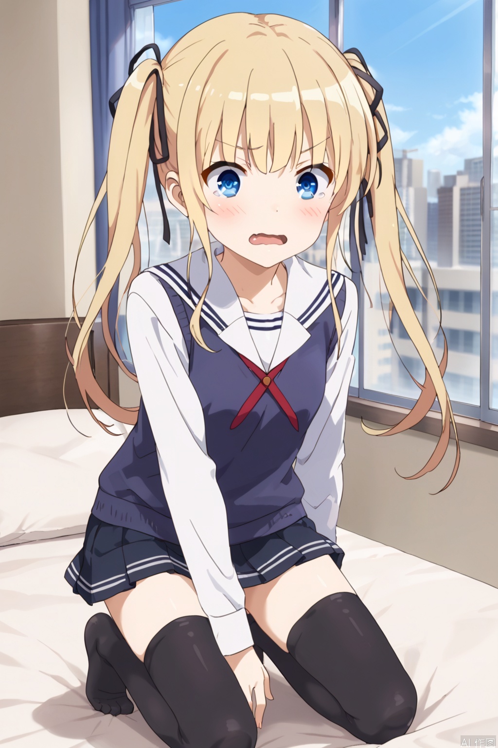 1girl,solo,blue eyes,blonde hair,ribbon twintails,hair ribbon,ribbon floating hair,long hair,skirt,underwear,school uniform,,ass,pleated skirt,black thighhighs,black skirt,sweater vest,skirt,blonde hair,shirt,white shirt,(slim:1.5),(skinny:1.2),shock,(blush:1.3),tear,wavy mouth,fangs,open the mouth,bed,Indoor,Window,Sunshine,city,bare feet,kneeling