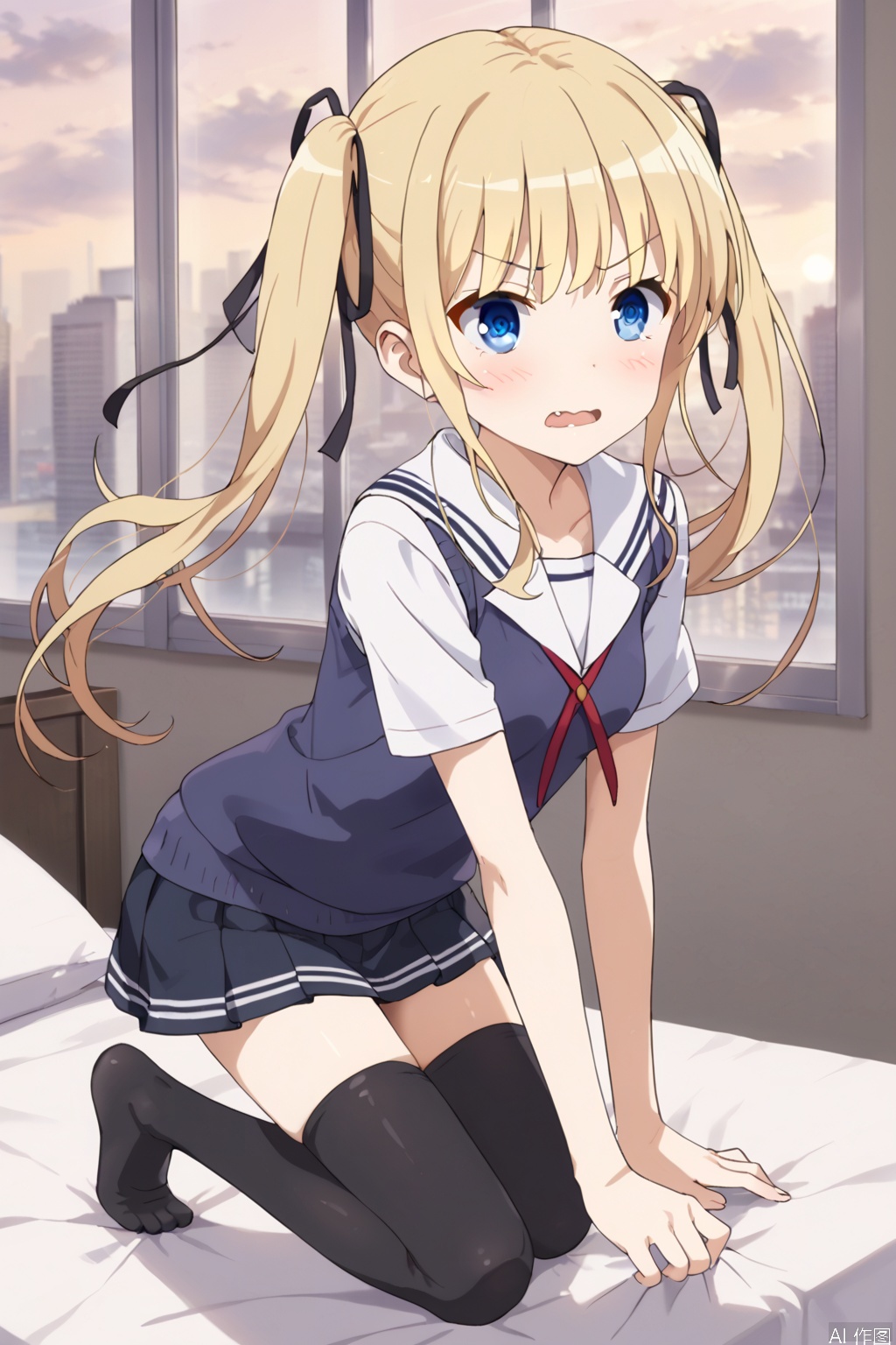 1girl,solo,blue eyes,blonde hair,ribbon twintails,hair ribbon,ribbon floating hair,long hair,skirt,underwear,school uniform,,ass,pleated skirt,black thighhighs,black skirt,sweater vest,skirt,blonde hair,shirt,white shirt,(slim:1.5),(skinny:1.2),shock,(blush:1.3),tear,wavy mouth,fangs,open the mouth,bed,Indoor,Window,Sunshine,city,bare feet,kneeling