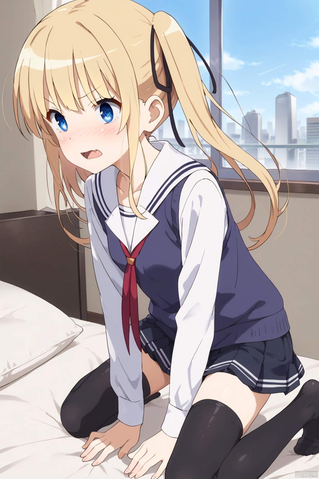 1girl,solo,blue eyes,blonde hair,ribbon twintails,hair ribbon,ribbon floating hair,long hair,skirt,underwear,school uniform,,ass,pleated skirt,black thighhighs,black skirt,sweater vest,skirt,blonde hair,shirt,white shirt,(slim:1.5),(skinny:1.2),shock,(blush:1.3),tear,wavy mouth,fangs,open the mouth,bed,Indoor,Window,Sunshine,city,bare feet,kneeling,profile