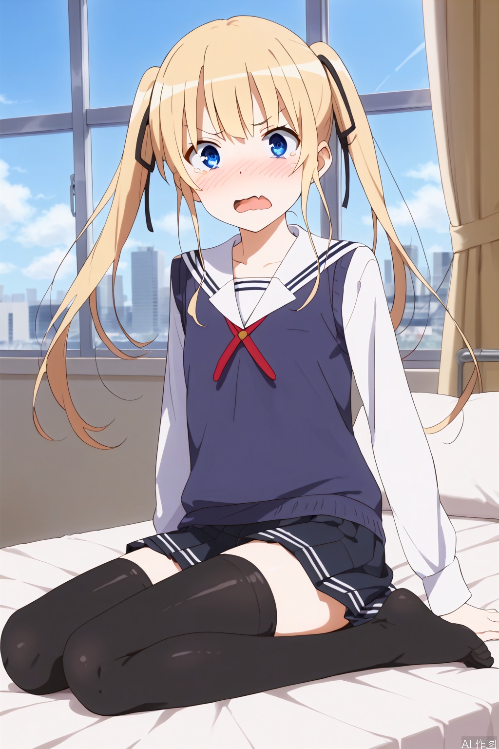 1girl,solo,blue eyes,blonde hair,ribbon twintails,hair ribbon,ribbon floating hair,long hair,skirt,underwear,school uniform,,ass,pleated skirt,black thighhighs,black skirt,sweater vest,skirt,blonde hair,shirt,white shirt,(slim:1.5),(skinny:1.2),shock,(blush:1.3),tear,wavy mouth,fangs,open the mouth,bed,Indoor,Window,Sunshine,city,bare feet