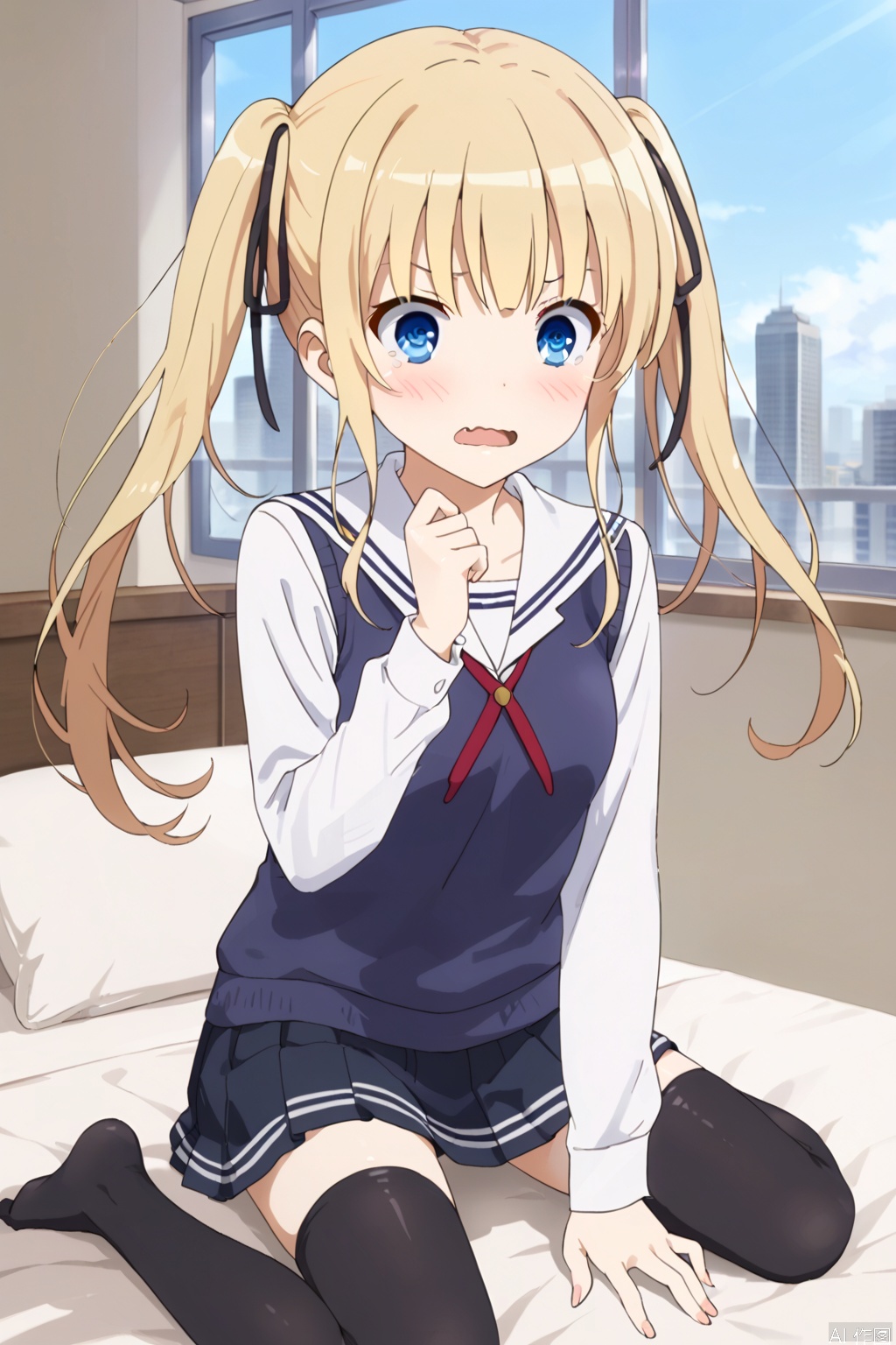1girl,solo,blue eyes,blonde hair,ribbon twintails,hair ribbon,ribbon floating hair,long hair,skirt,underwear,school uniform,,ass,pleated skirt,black thighhighs,black skirt,sweater vest,skirt,blonde hair,shirt,white shirt,(slim:1.5),(skinny:1.2),shock,(blush:1.3),tear,wavy mouth,fangs,open the mouth,bed,Indoor,Window,Sunshine,city,bare feet,kneeling