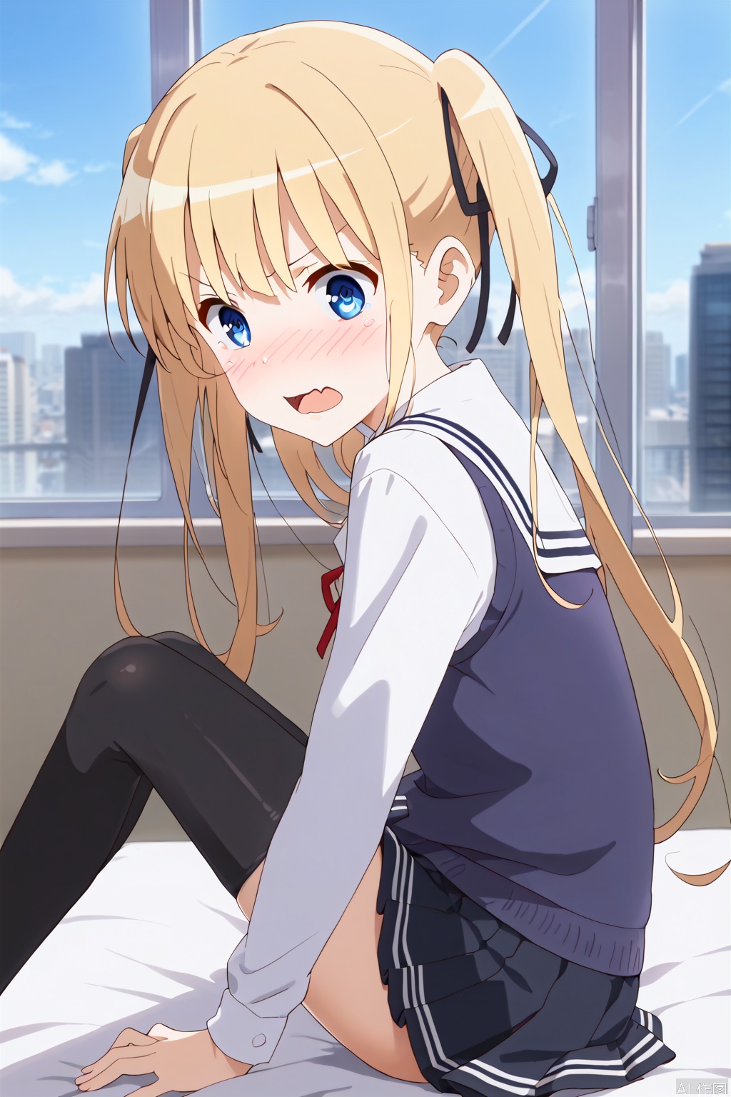 1girl,solo,blue eyes,blonde hair,ribbon twintails,hair ribbon,ribbon floating hair,long hair,skirt,underwear,school uniform,,ass,pleated skirt,black thighhighs,black skirt,sweater vest,skirt,blonde hair,shirt,white shirt,(slim:1.5),(skinny:1.2),shock,(blush:1.3),tear,wavy mouth,fangs,open the mouth,bed,Indoor,Window,Sunshine,city,bare feet